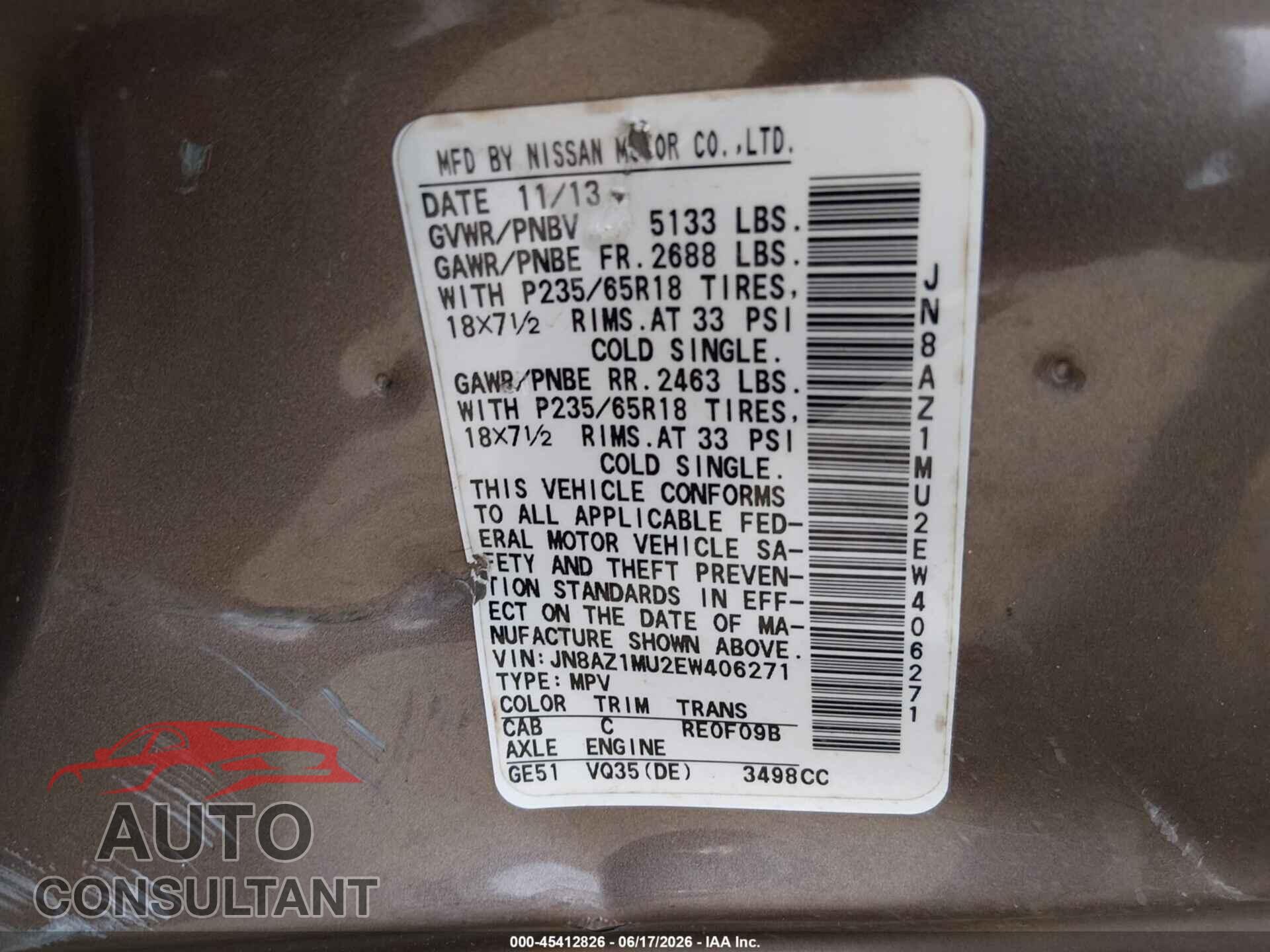 NISSAN MURANO 2014 - JN8AZ1MU2EW406271