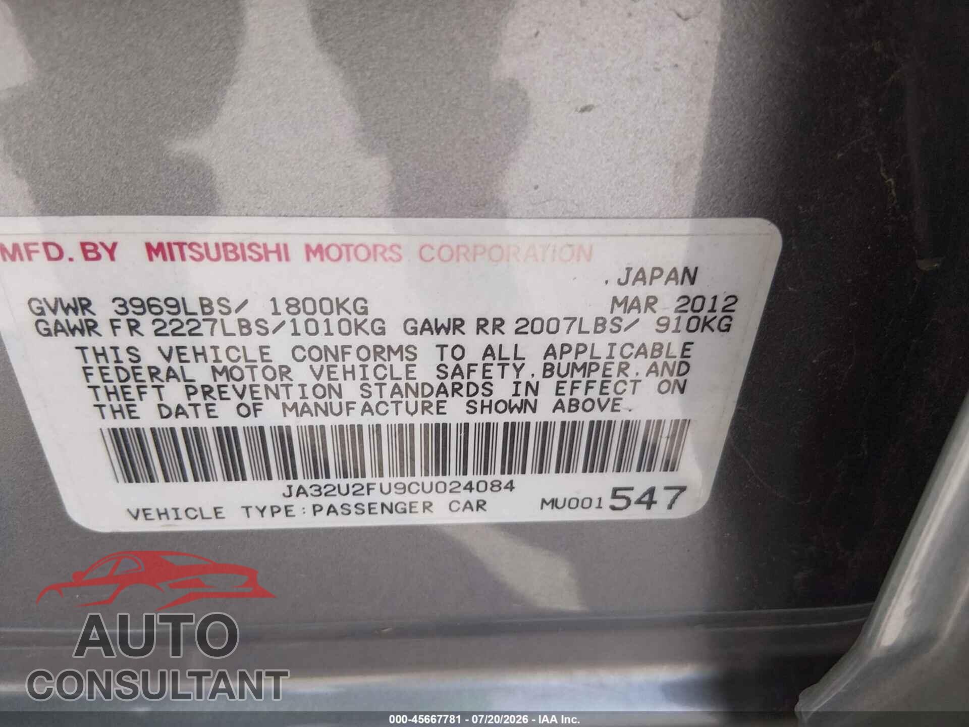 MITSUBISHI LANCER 2012 - JA32U2FU9CU024084