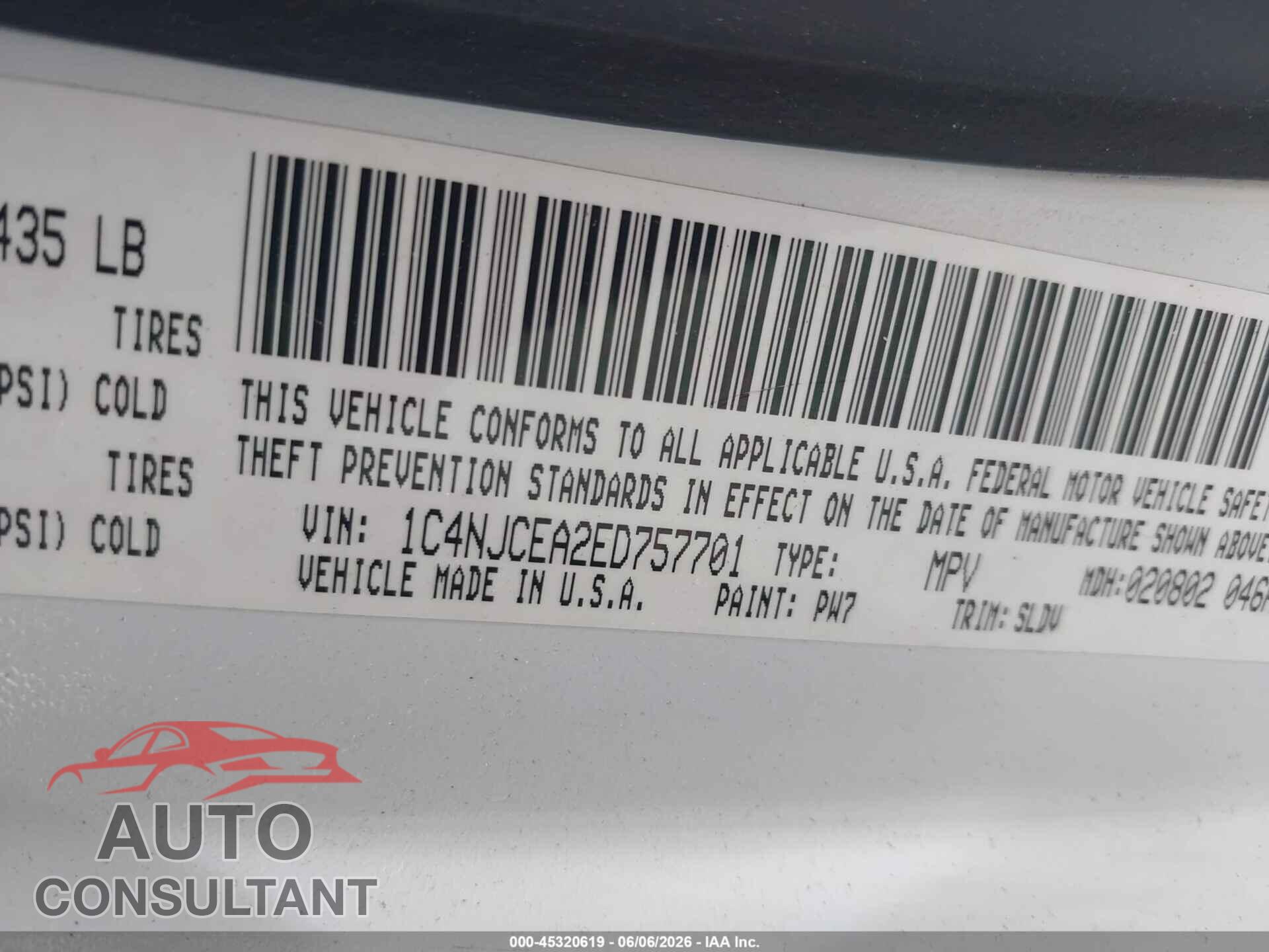 JEEP COMPASS 2014 - 1C4NJCEA2ED757701