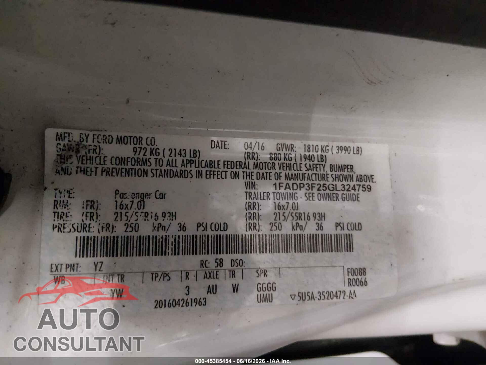 FORD FOCUS 2016 - 1FADP3F25GL324759