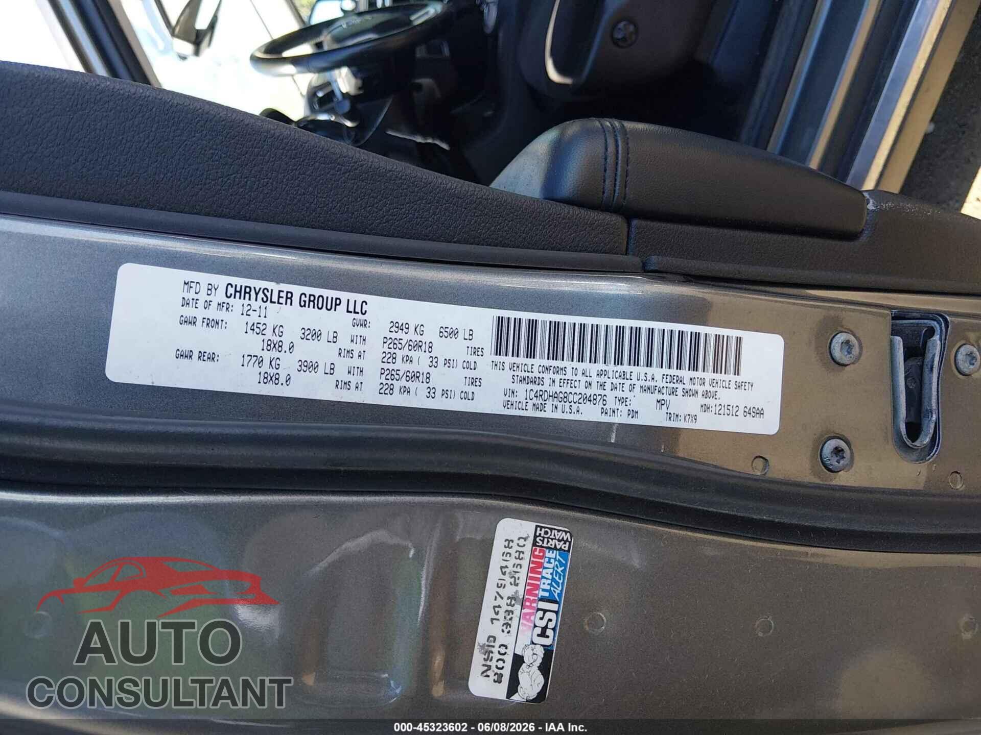 DODGE DURANGO 2012 - 1C4RDHAG8CC204876