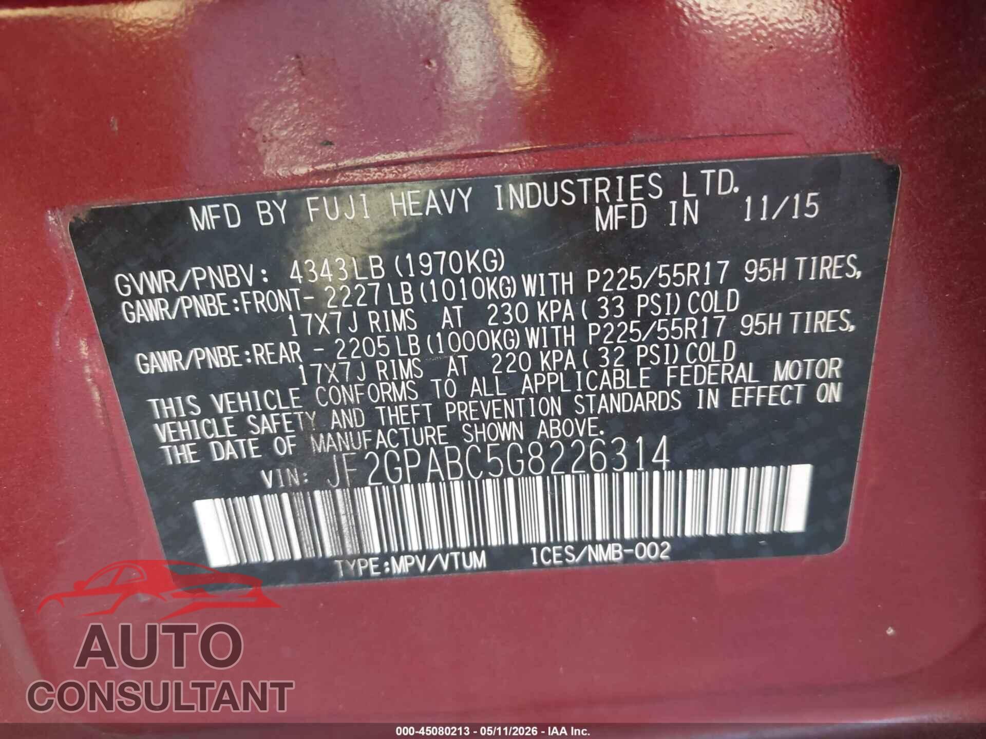 SUBARU CROSSTREK 2016 - JF2GPABC5G8226314