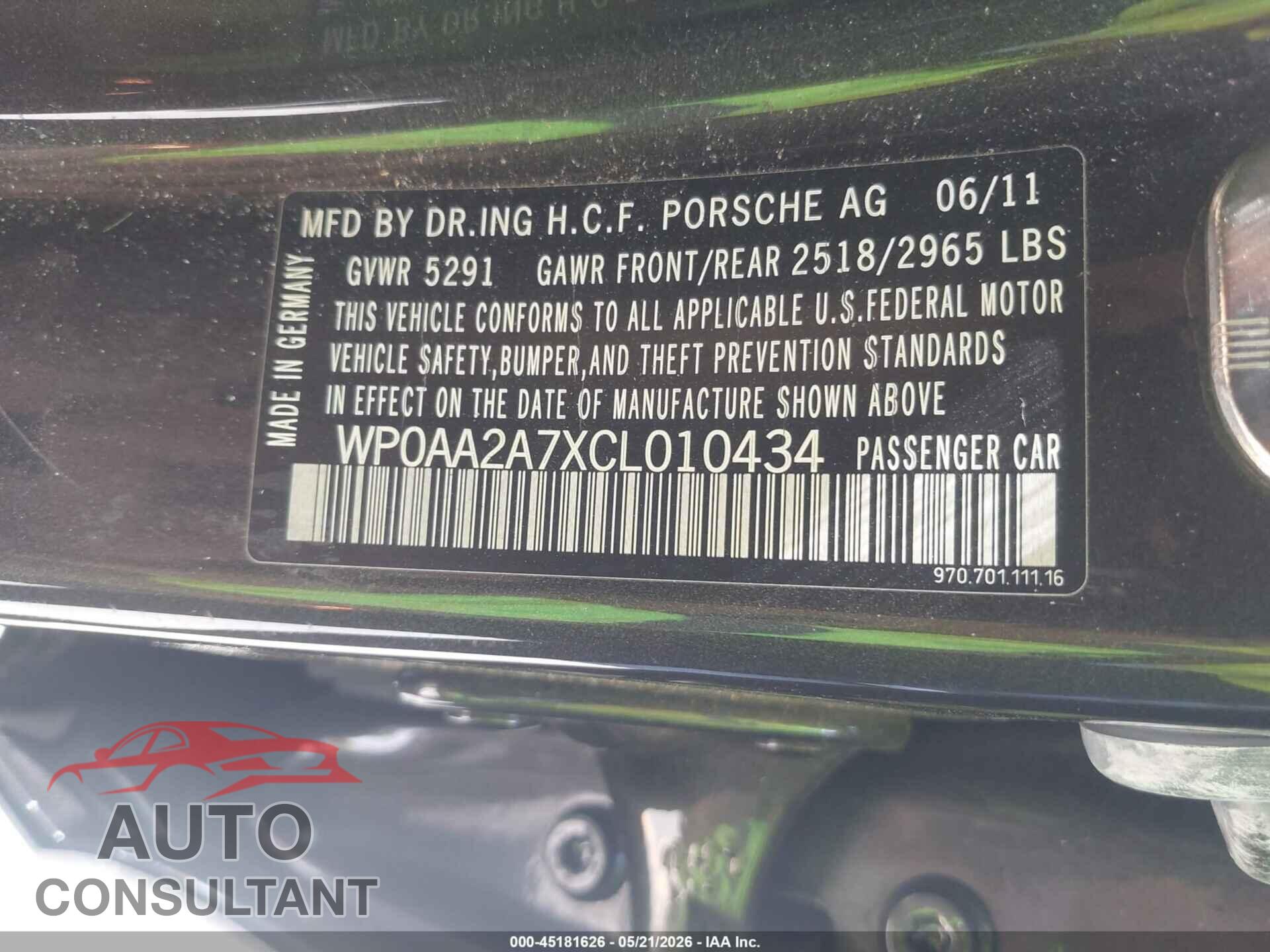 PORSCHE PANAMERA 2012 - WP0AA2A7XCL010434