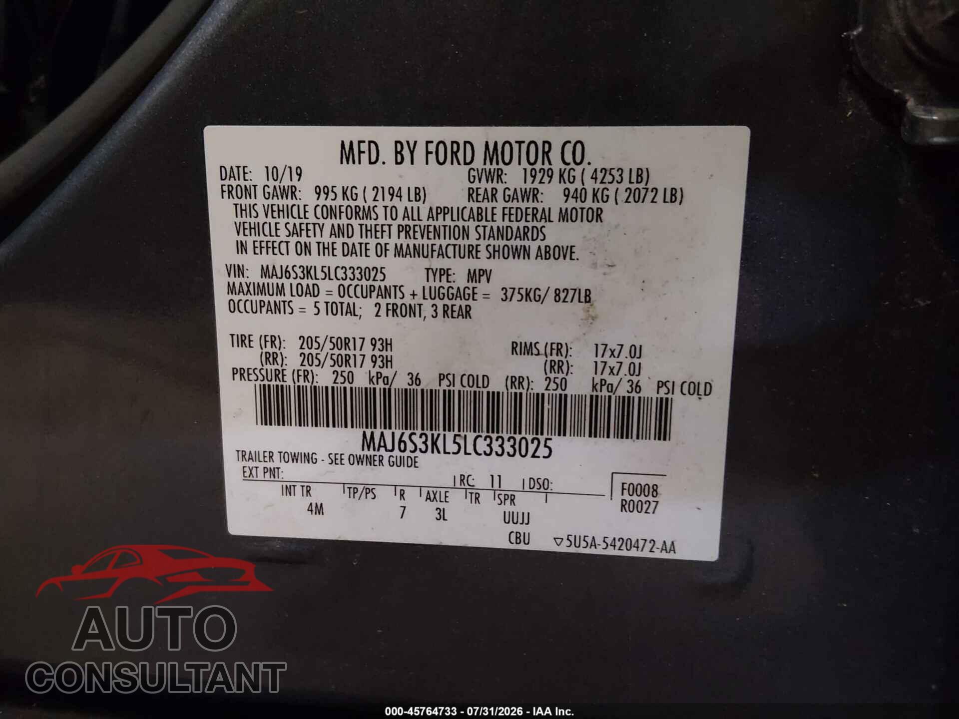 FORD ECOSPORT 2020 - MAJ6S3KL5LC333025