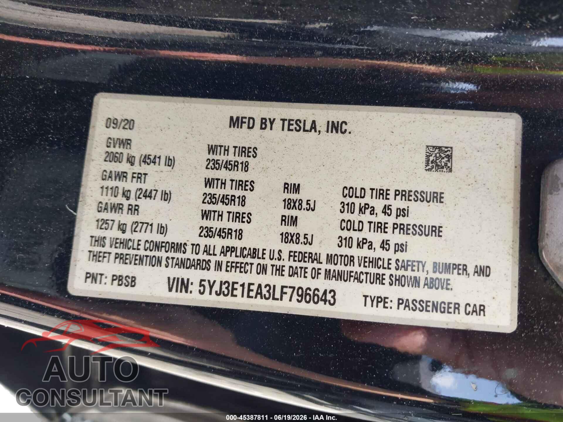 TESLA MODEL 3 2020 - 5YJ3E1EA3LF796643