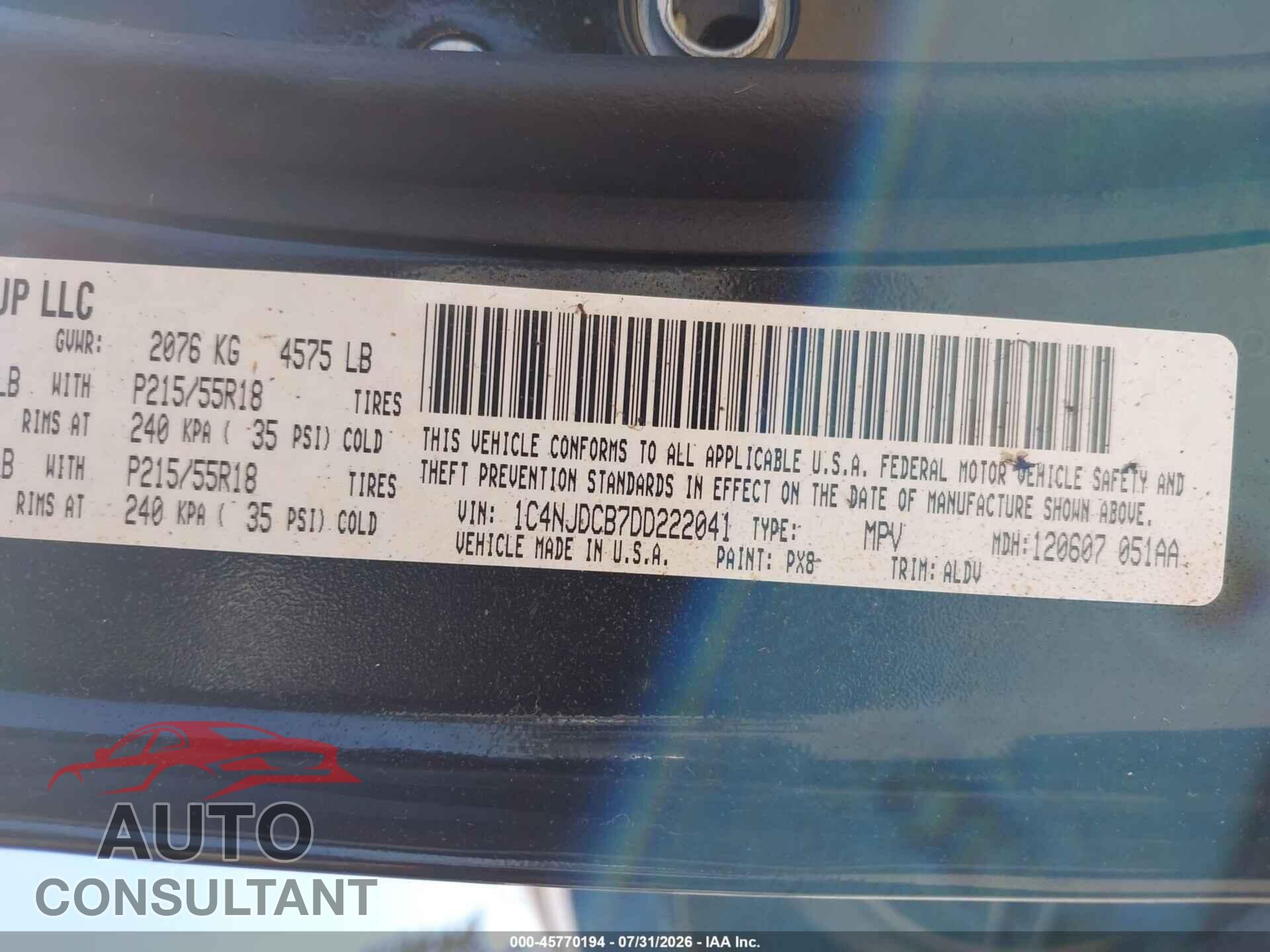 JEEP COMPASS 2013 - 1C4NJDCB7DD222041
