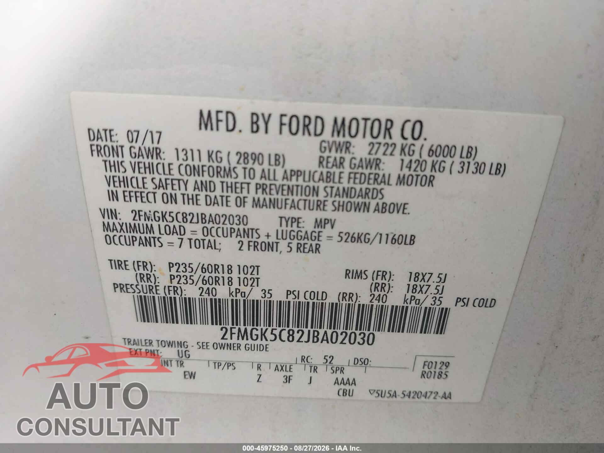 FORD FLEX 2018 - 2FMGK5C82JBA02030