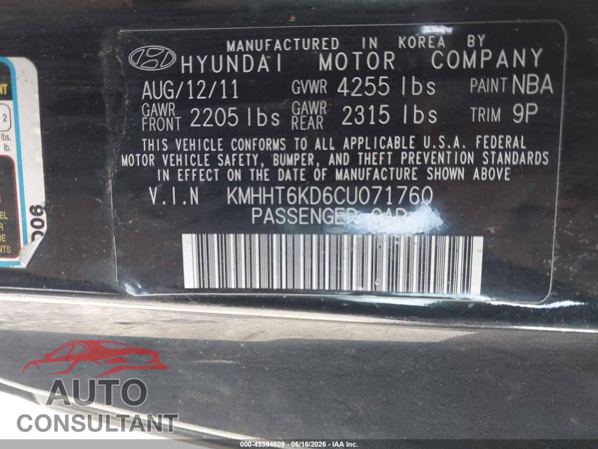 HYUNDAI GENESIS 2012 - KMHHT6KD6CU071760