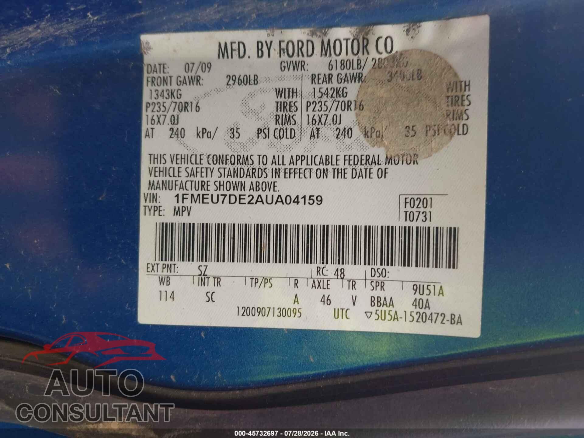 FORD EXPLORER 2010 - 1FMEU7DE2AUA04159