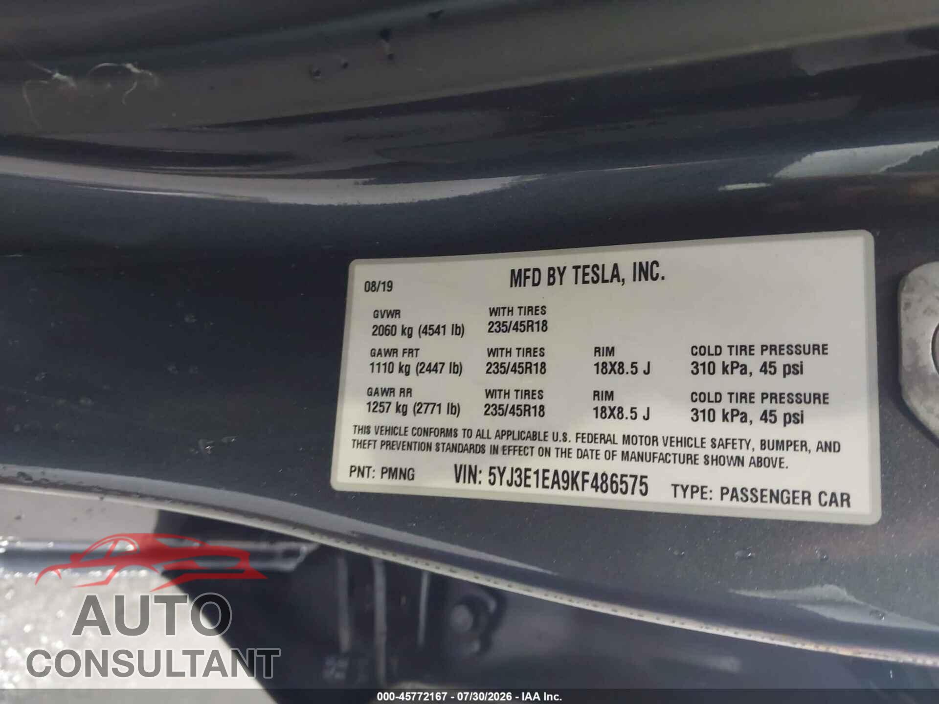 TESLA MODEL 3 2019 - 5YJ3E1EA9KF486575