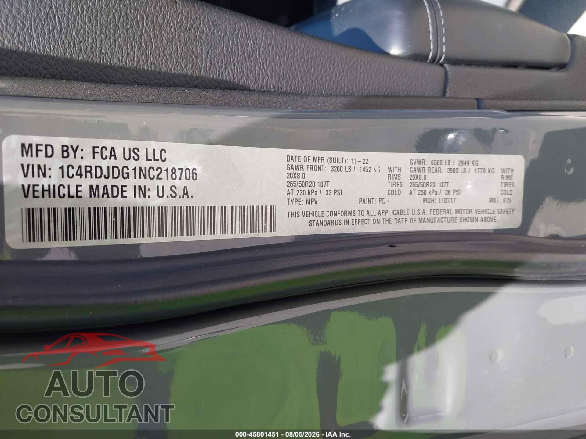 DODGE DURANGO 2022 - 1C4RDJDG1NC218706