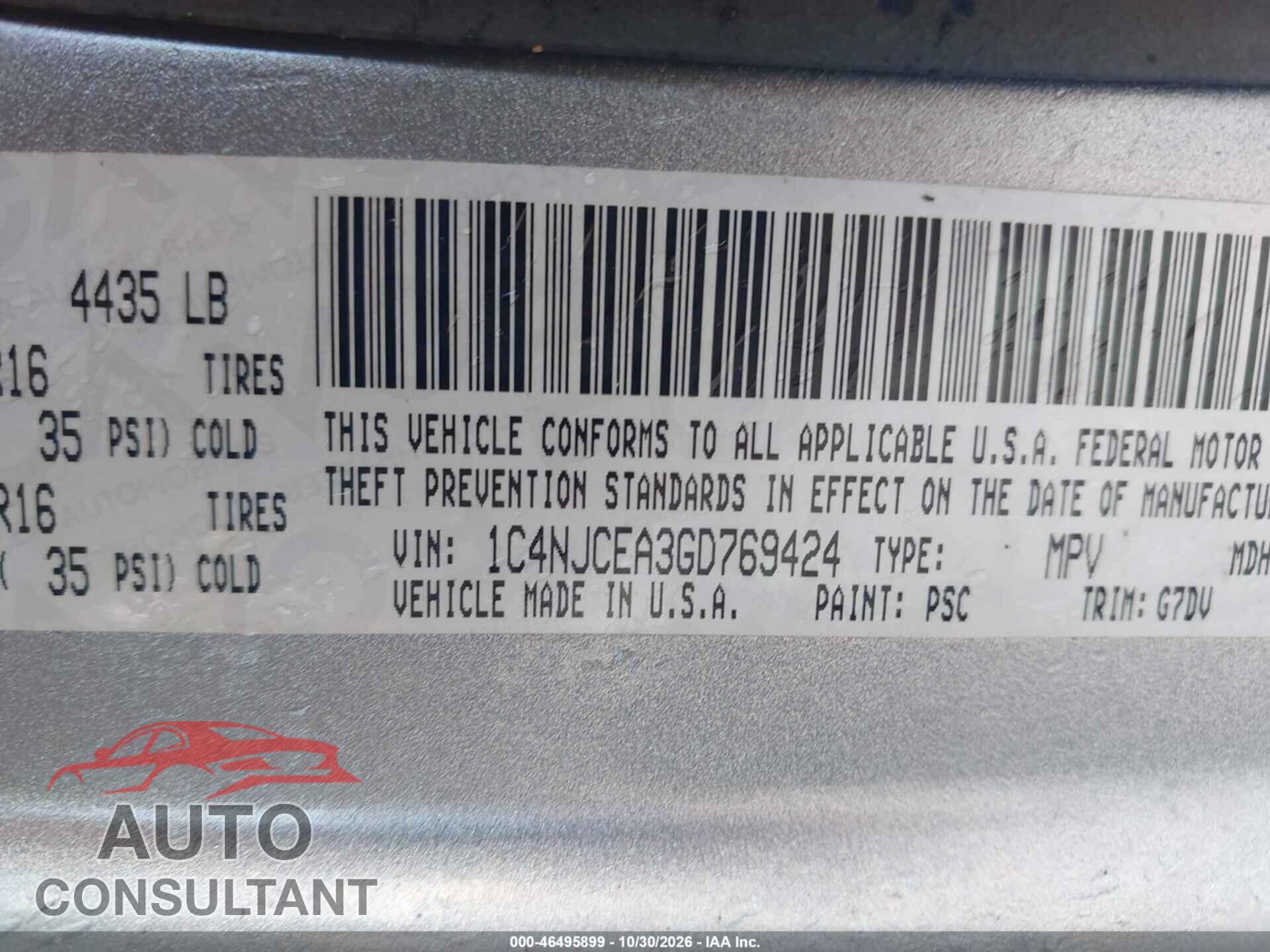 JEEP COMPASS 2016 - 1C4NJCEA3GD769424