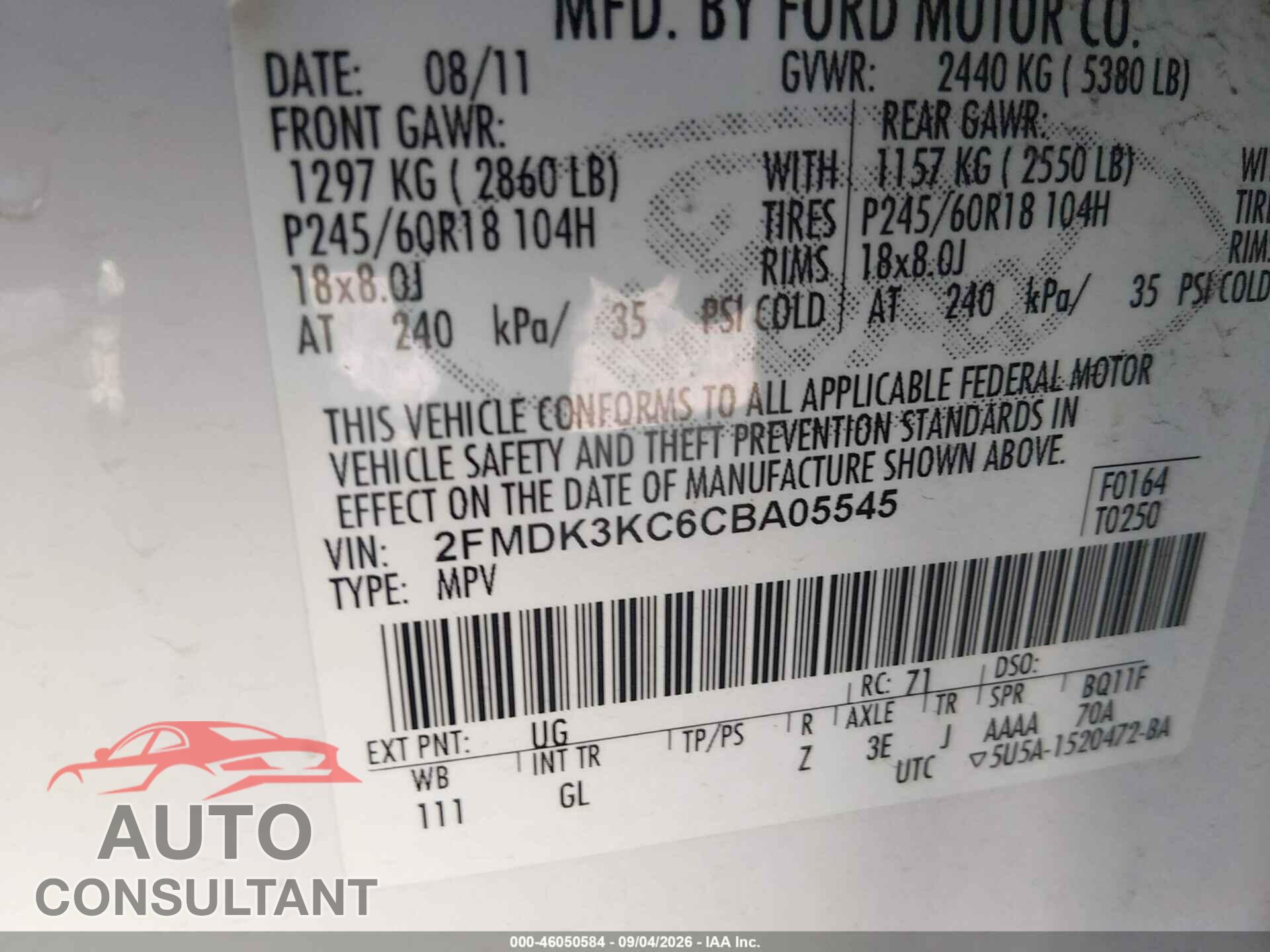 FORD EDGE 2012 - 2FMDK3KC6CBA05545