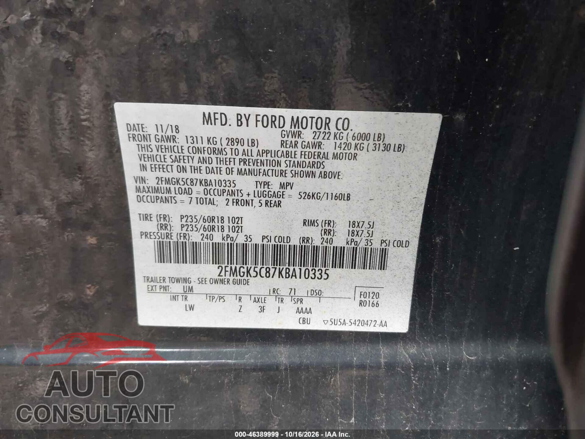 FORD FLEX 2019 - 2FMGK5C87KBA10335
