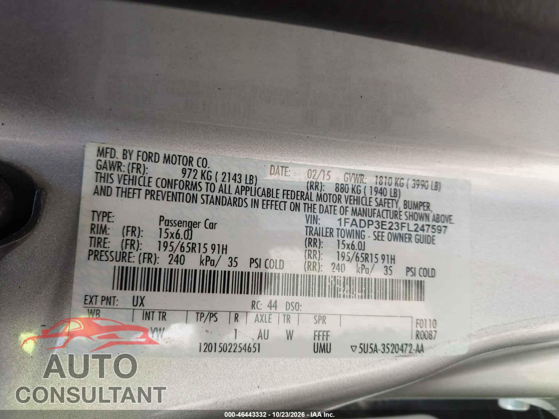 FORD FOCUS 2015 - 1FADP3E23FL247597