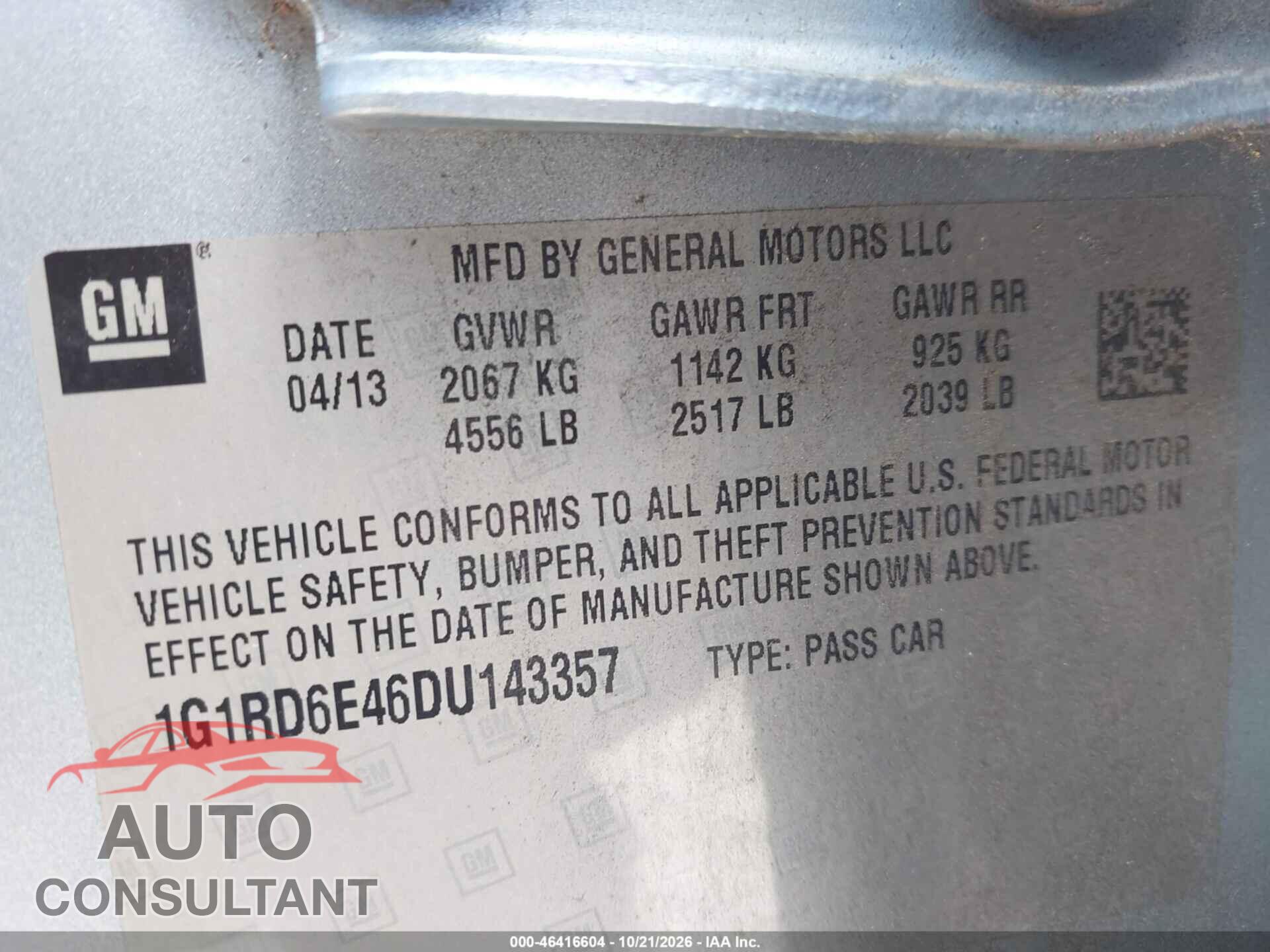 CHEVROLET VOLT 2013 - 1G1RD6E46DU143357