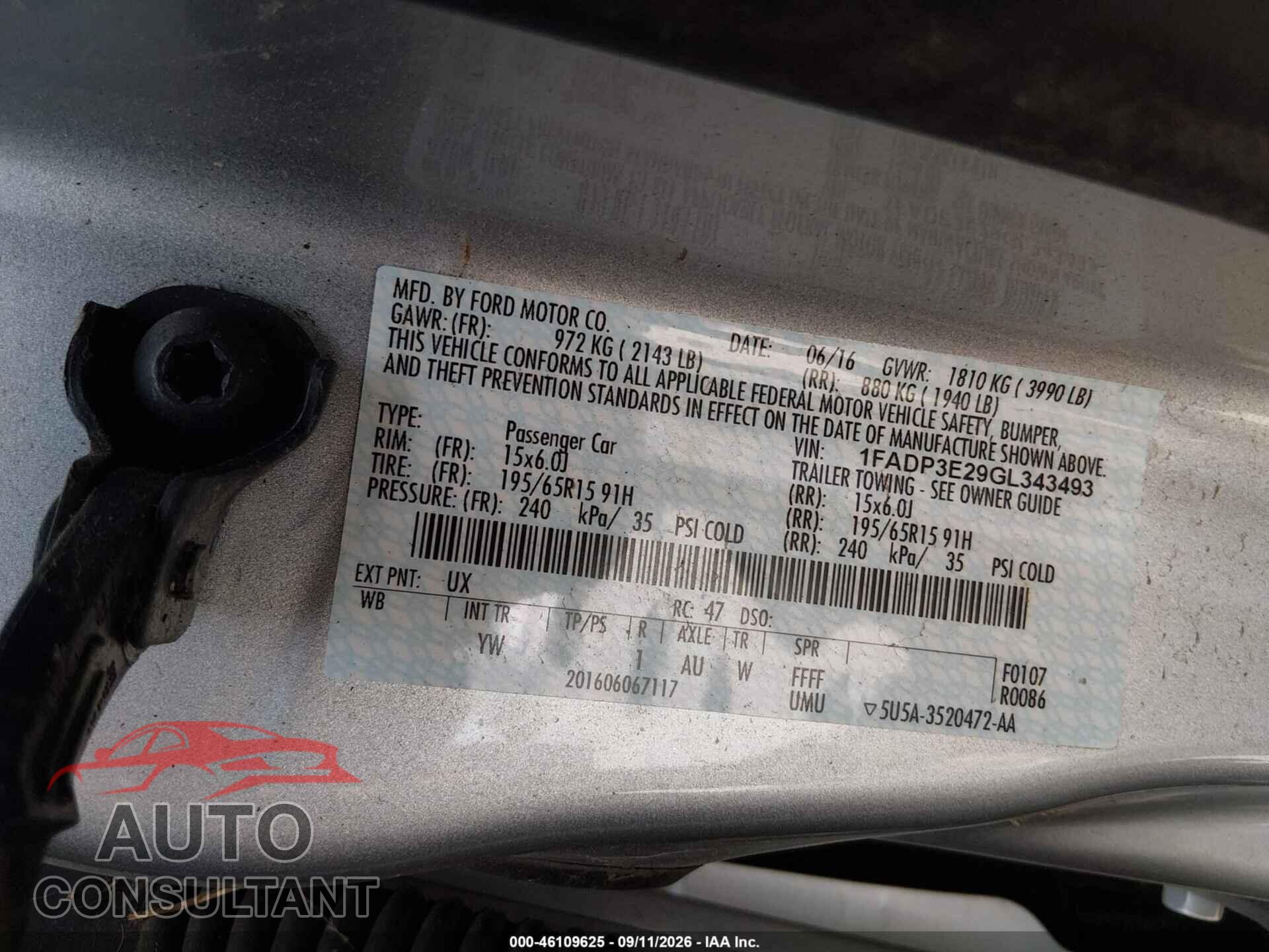 FORD FOCUS 2016 - 1FADP3E29GL343493