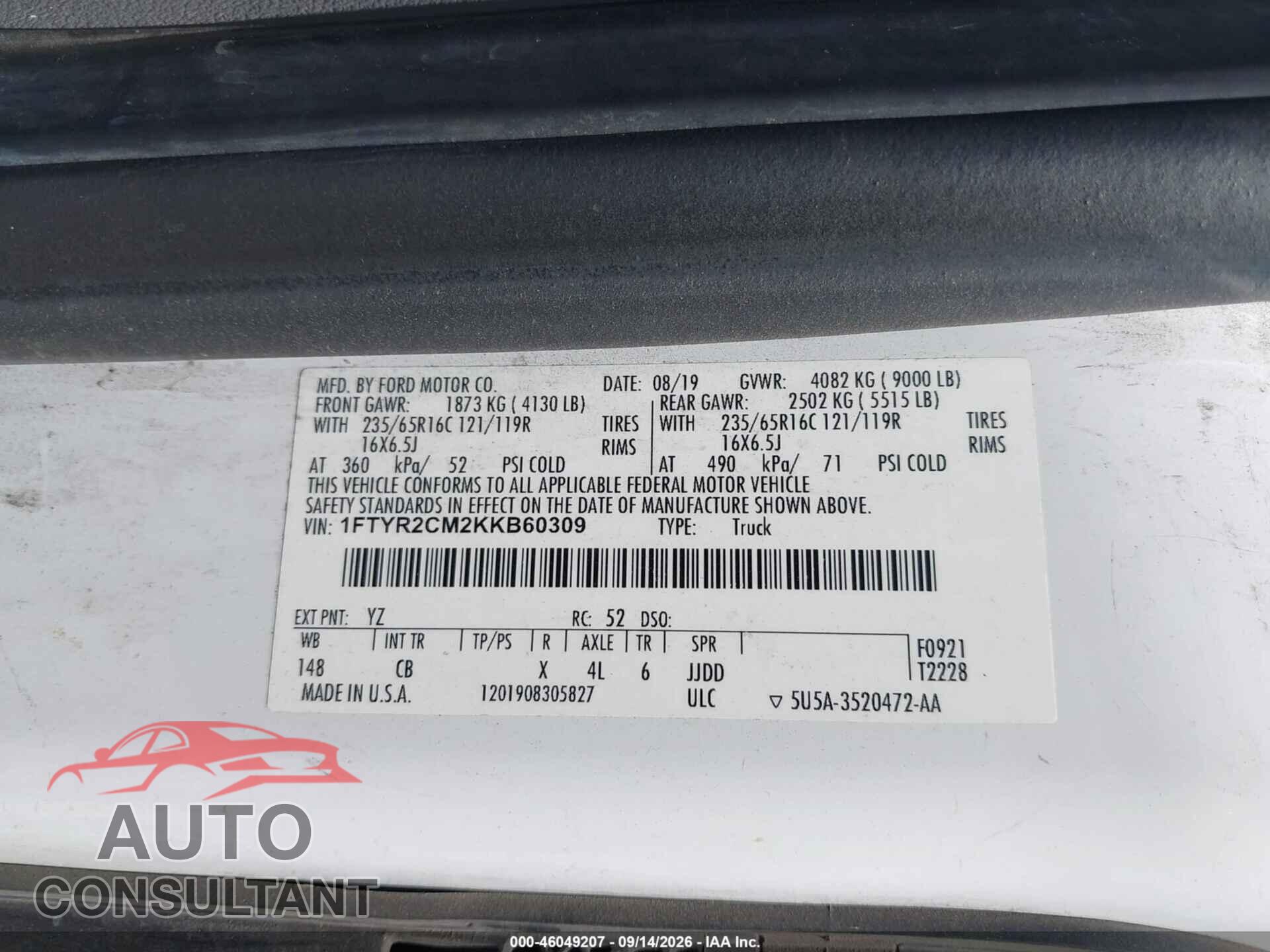FORD TRANSIT-250 2019 - 1FTYR2CM2KKB60309