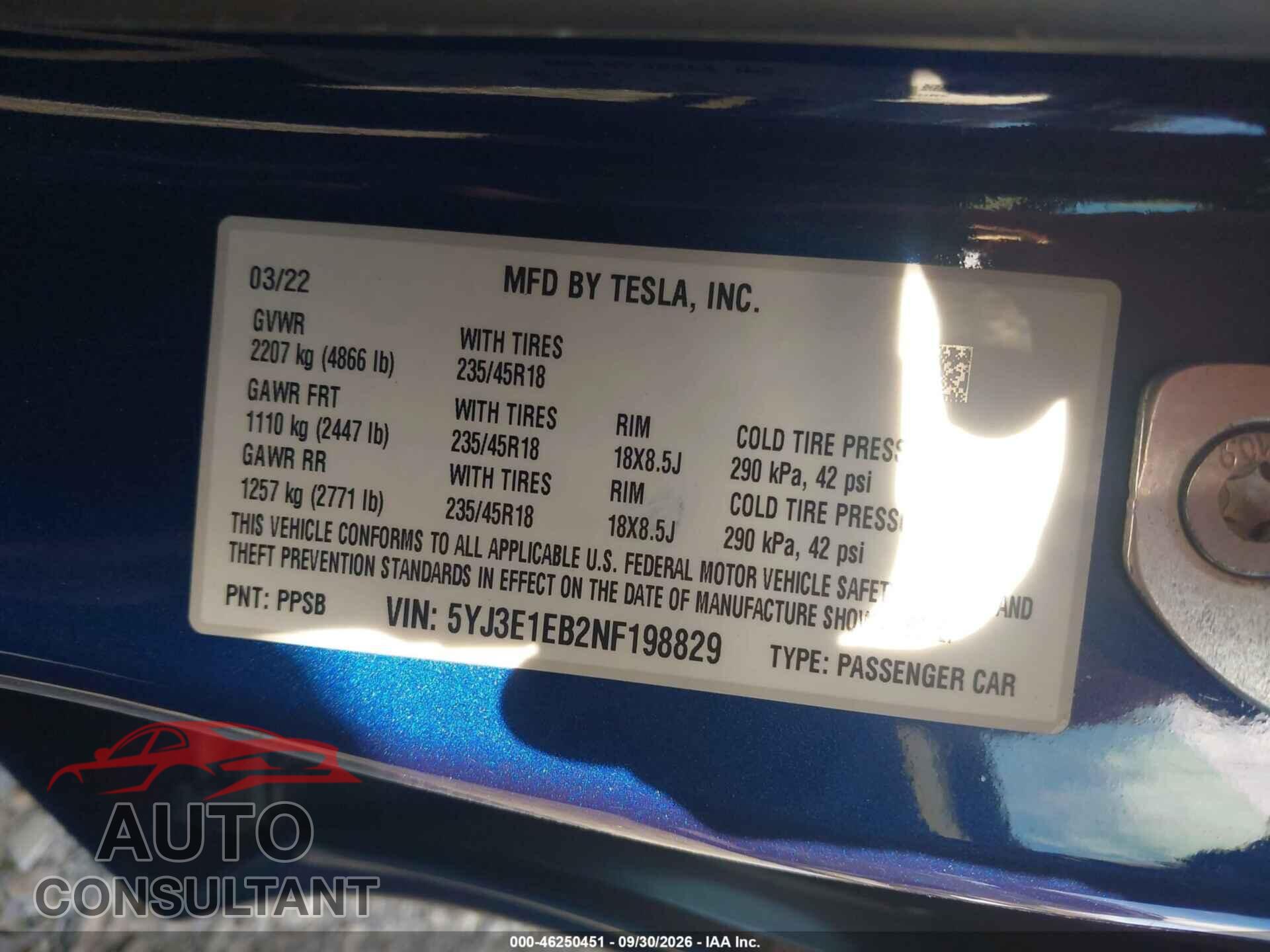 TESLA MODEL 3 2022 - 5YJ3E1EB2NF198829