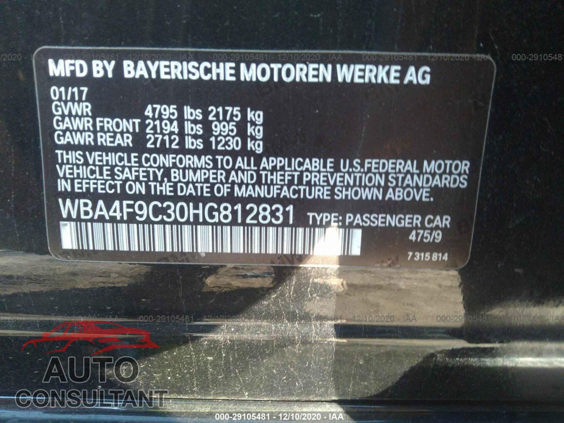 BMW 4 SERIES 2017 - WBA4F9C30HG812831