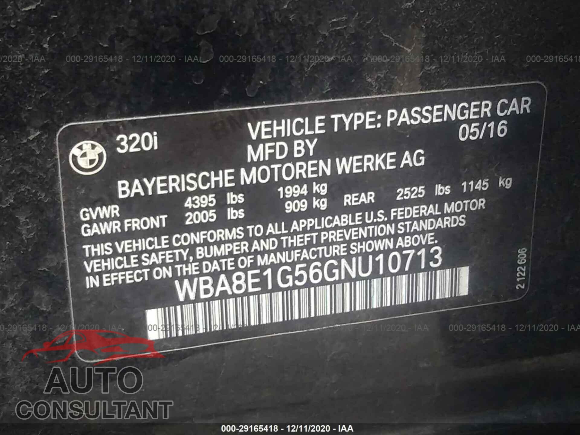 BMW 3 SERIES 2016 - WBA8E1G56GNU10713