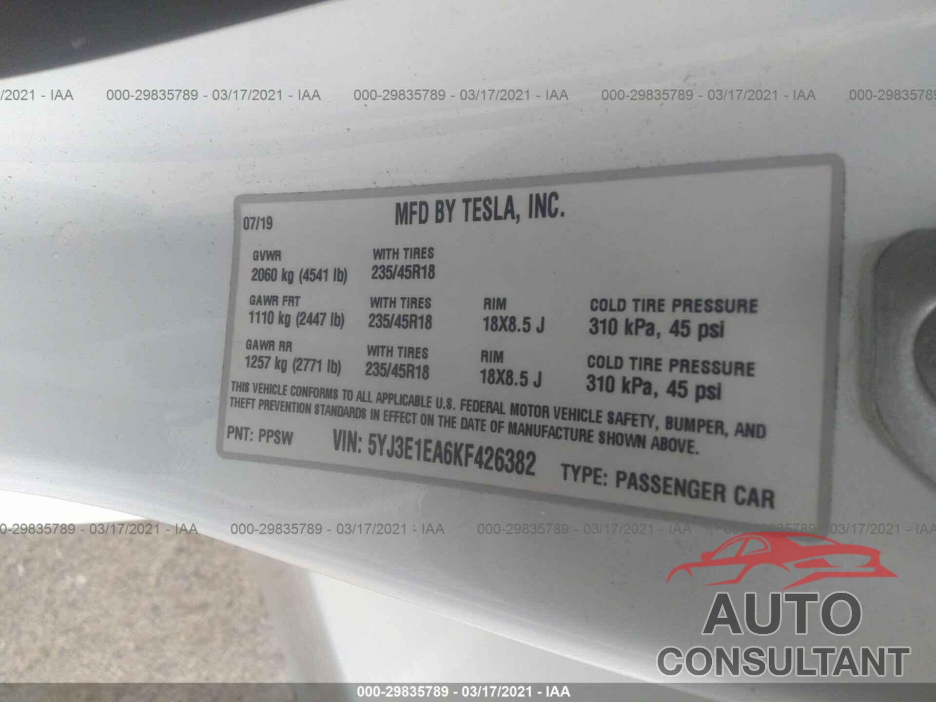 TESLA MODEL 3 2019 - 5YJ3E1EA6KF426382