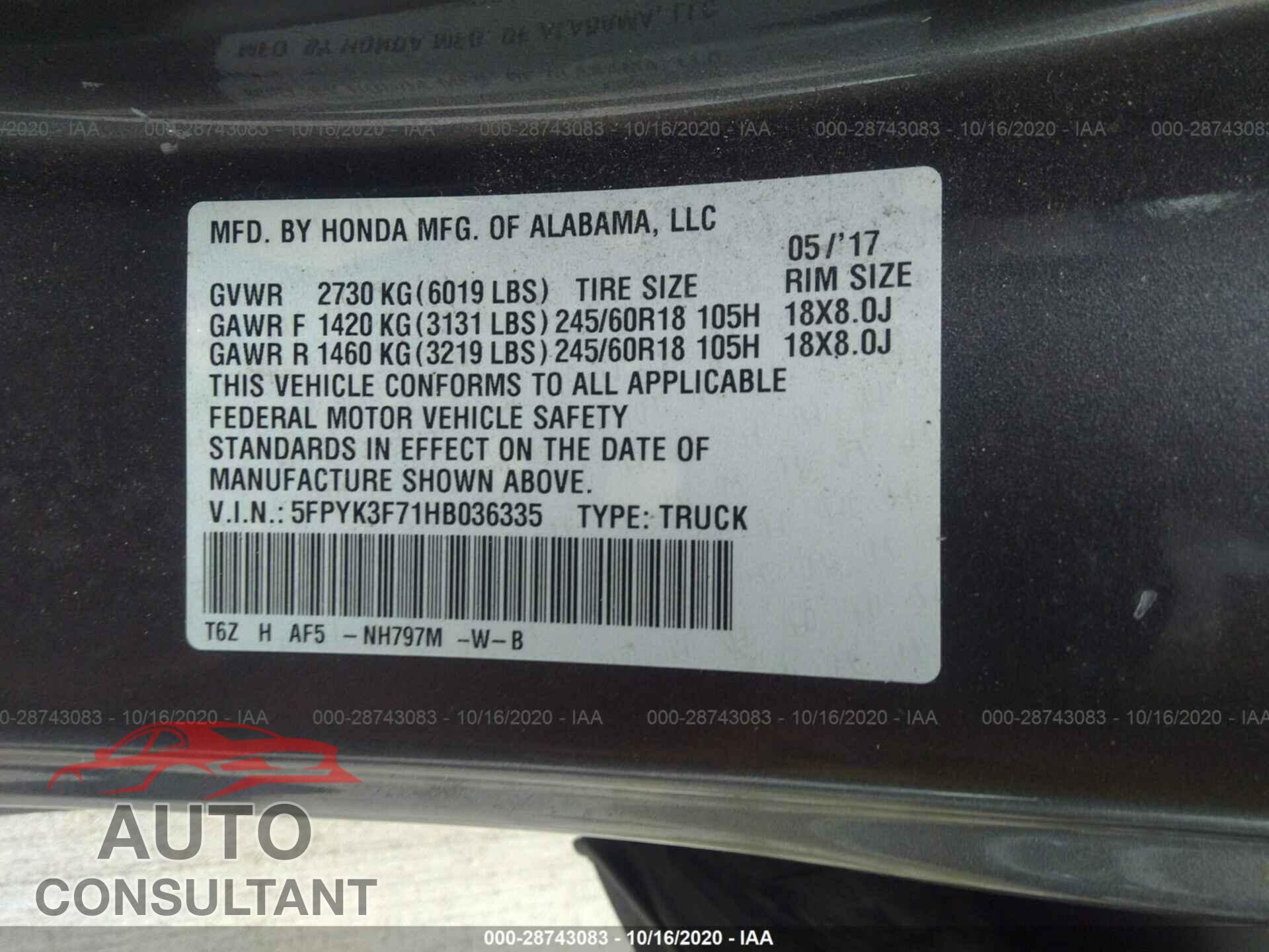 HONDA RIDGELINE 2017 - 5FPYK3F71HB036335