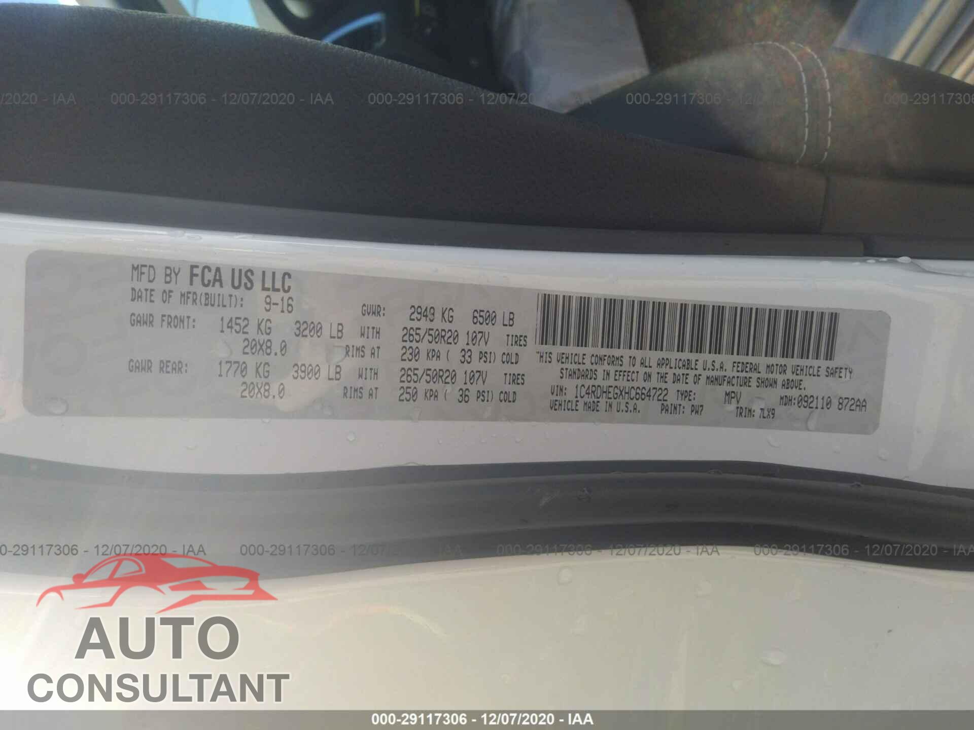 DODGE DURANGO 2017 - 1C4RDHEGXHC664722