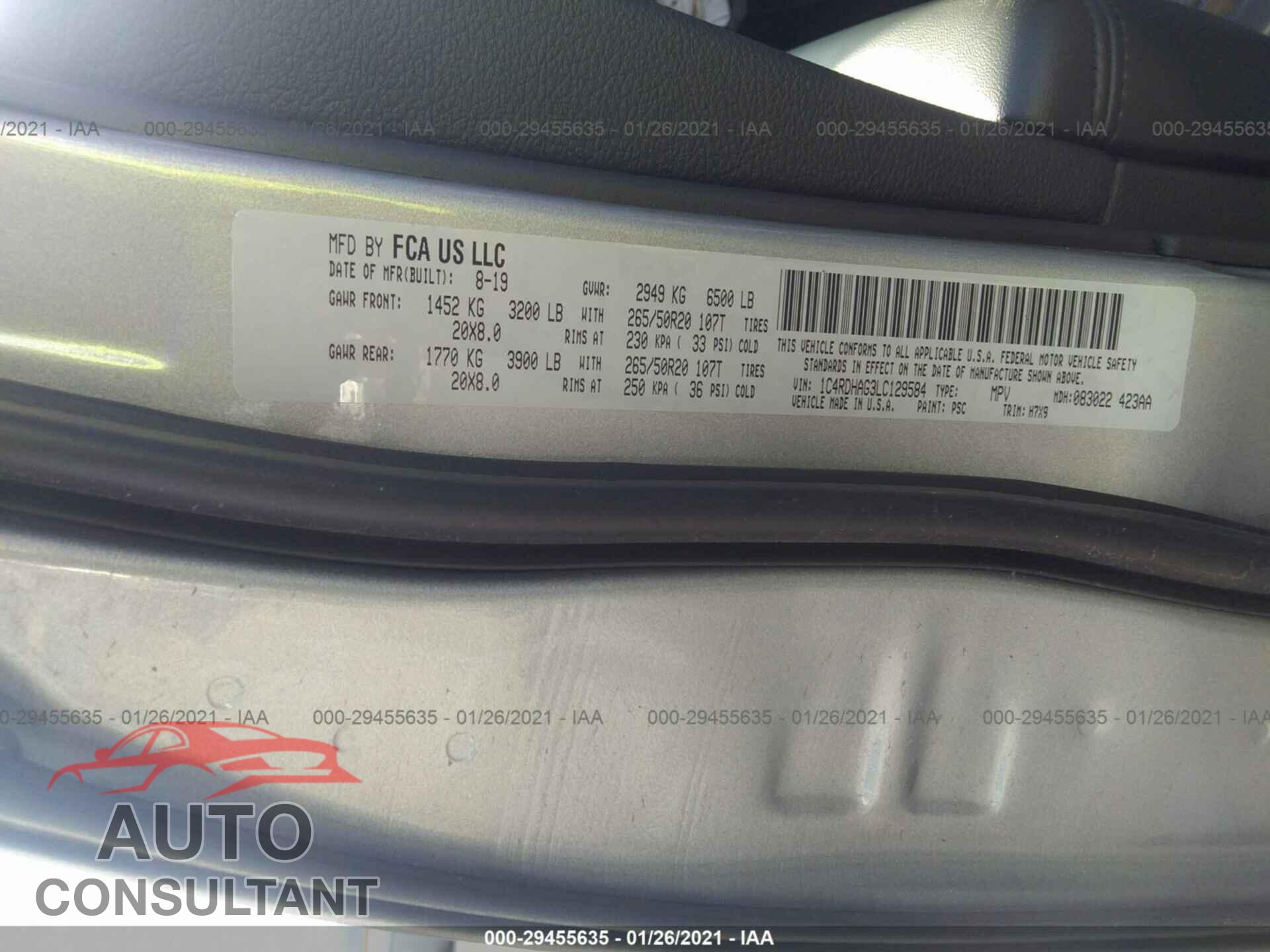 DODGE DURANGO 2020 - 1C4RDHAG3LC129584