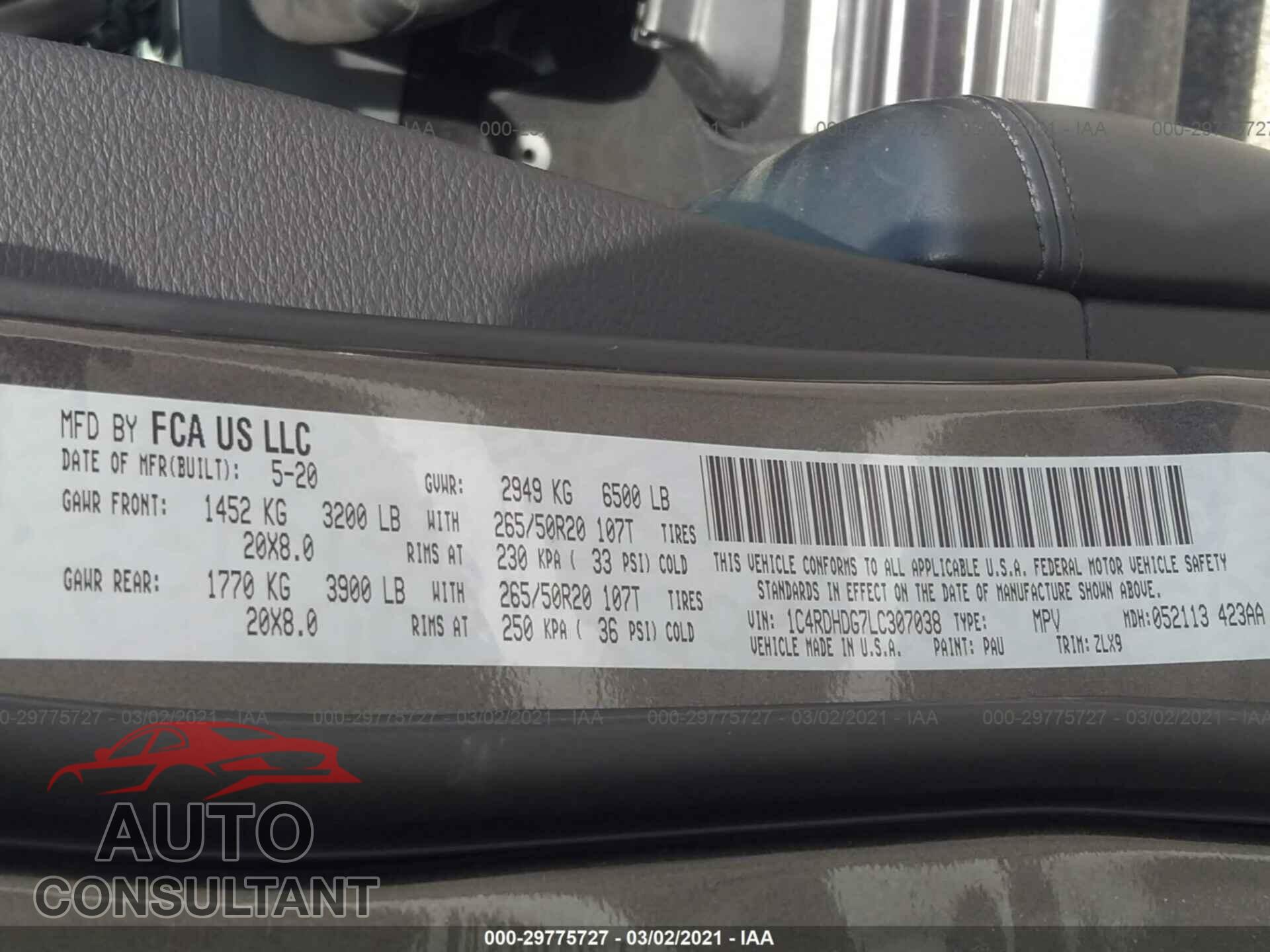 DODGE DURANGO 2020 - 1C4RDHDG7LC307038
