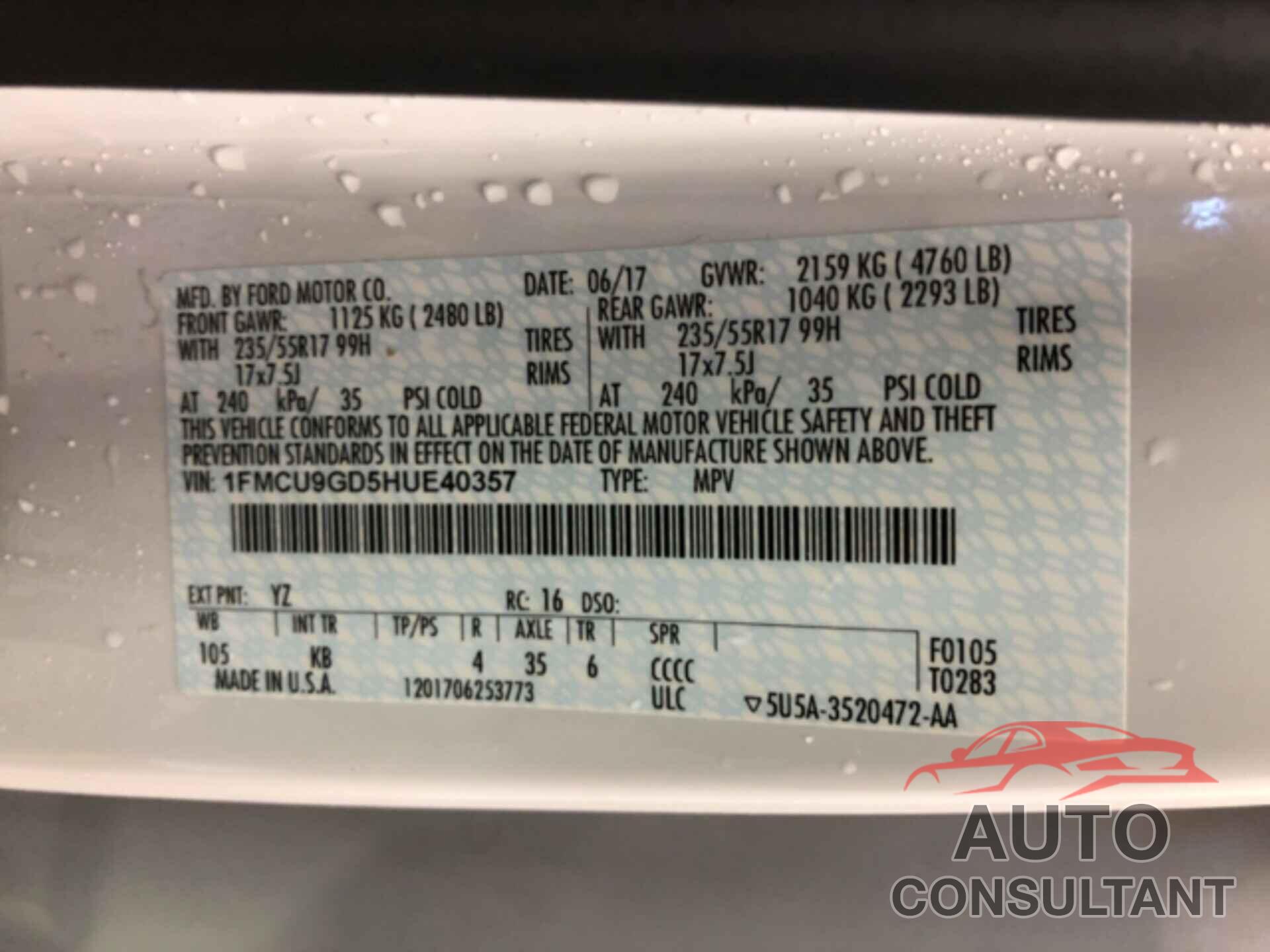 FORD ESCAPE 2017 - 1FMCU9GD5HUE40357