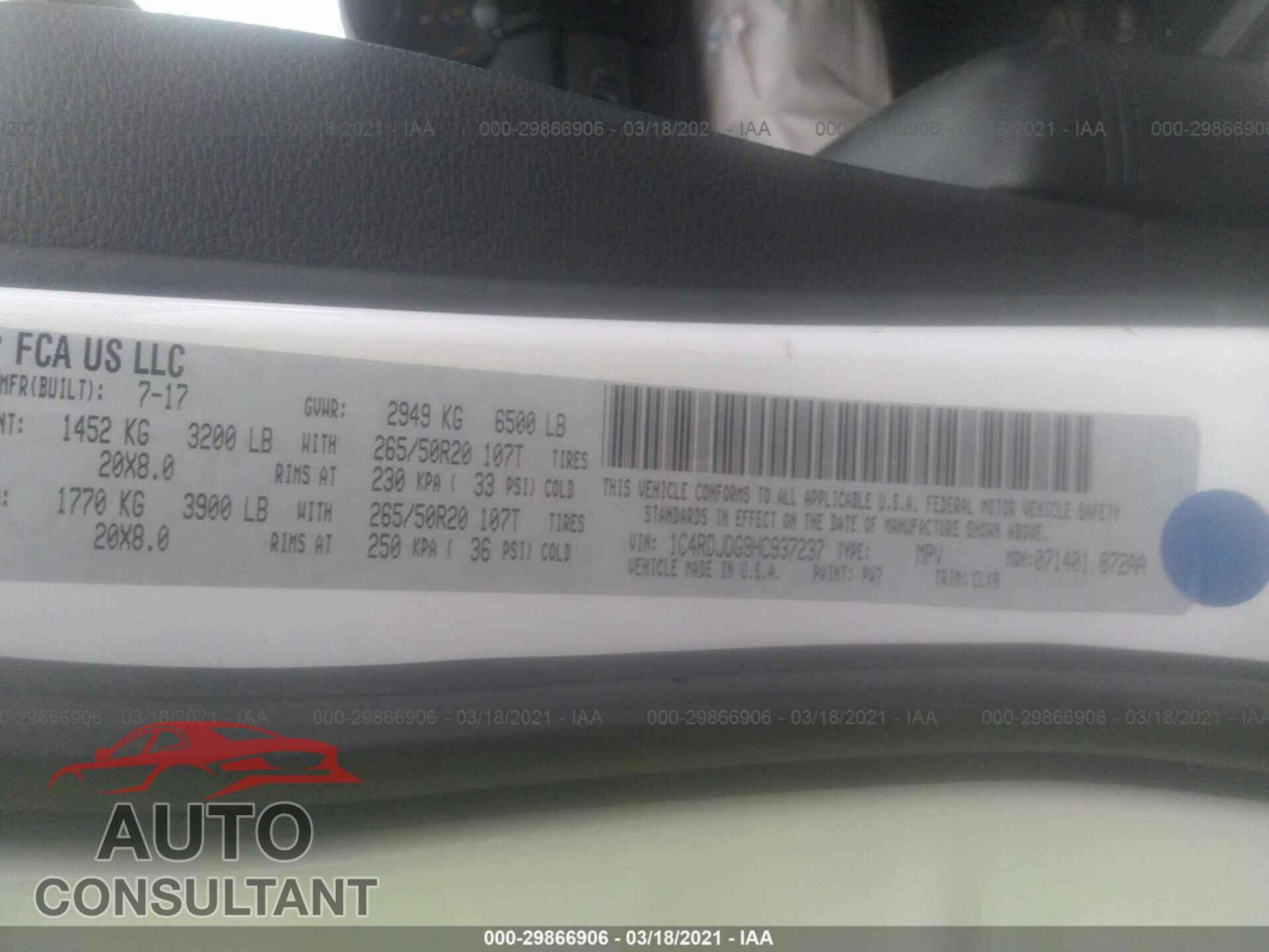 DODGE DURANGO 2017 - 1C4RDJDG9HC937237