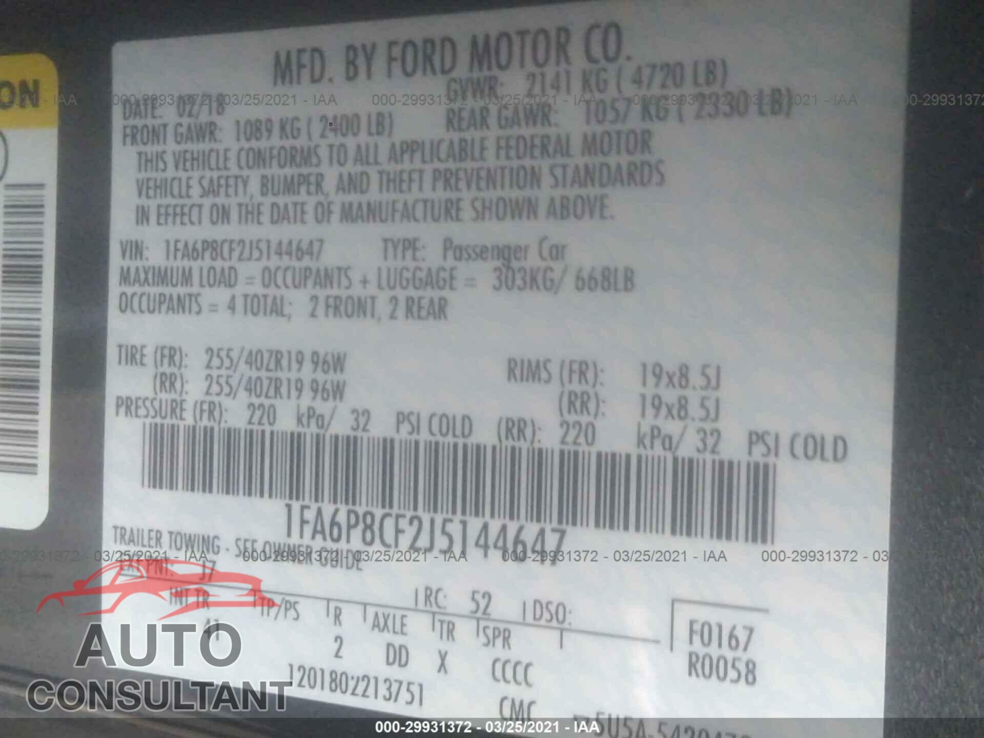 FORD MUSTANG 2018 - 1FA6P8CF2J5144647