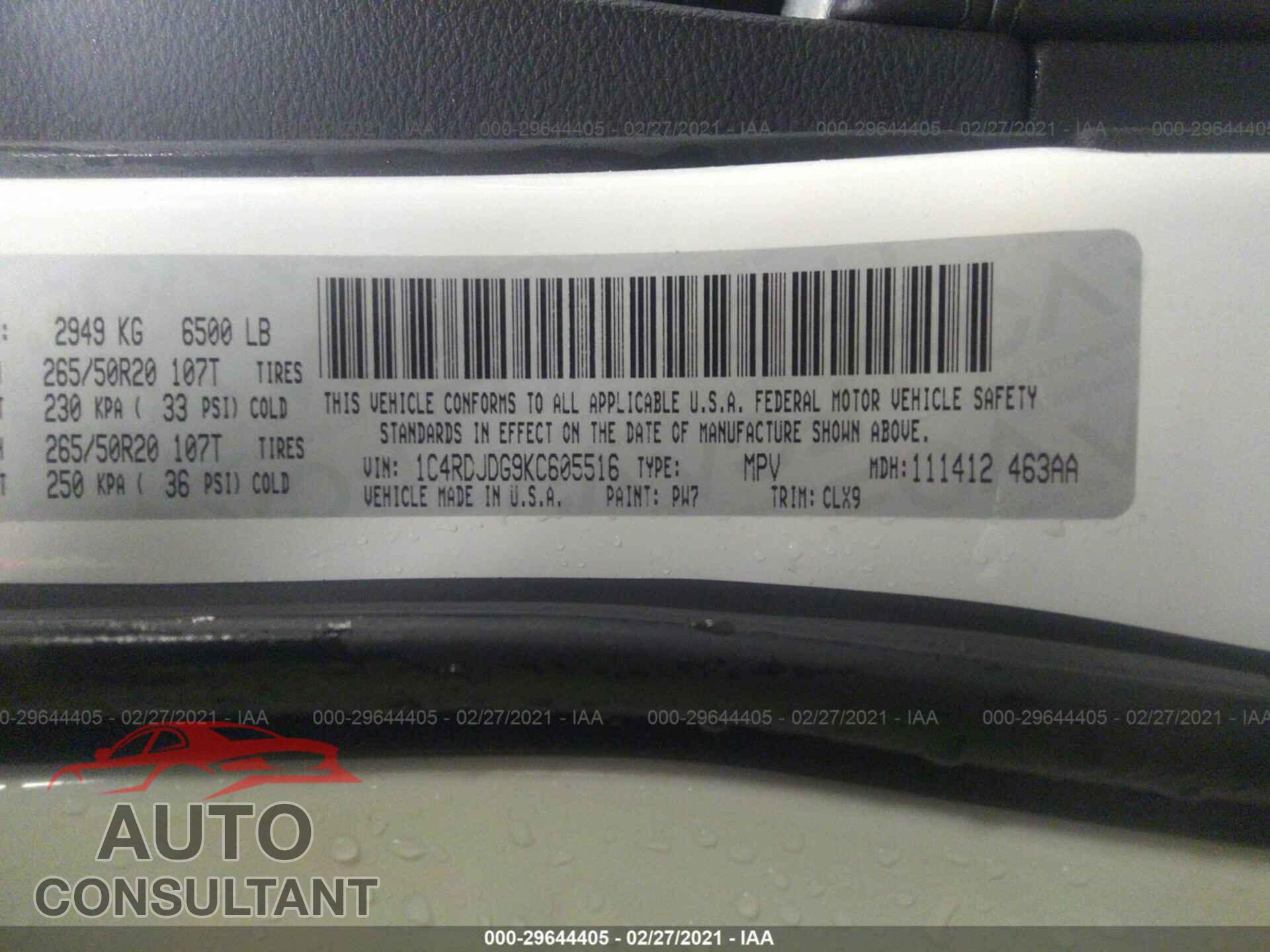 DODGE DURANGO 2019 - 1C4RDJDG9KC605516