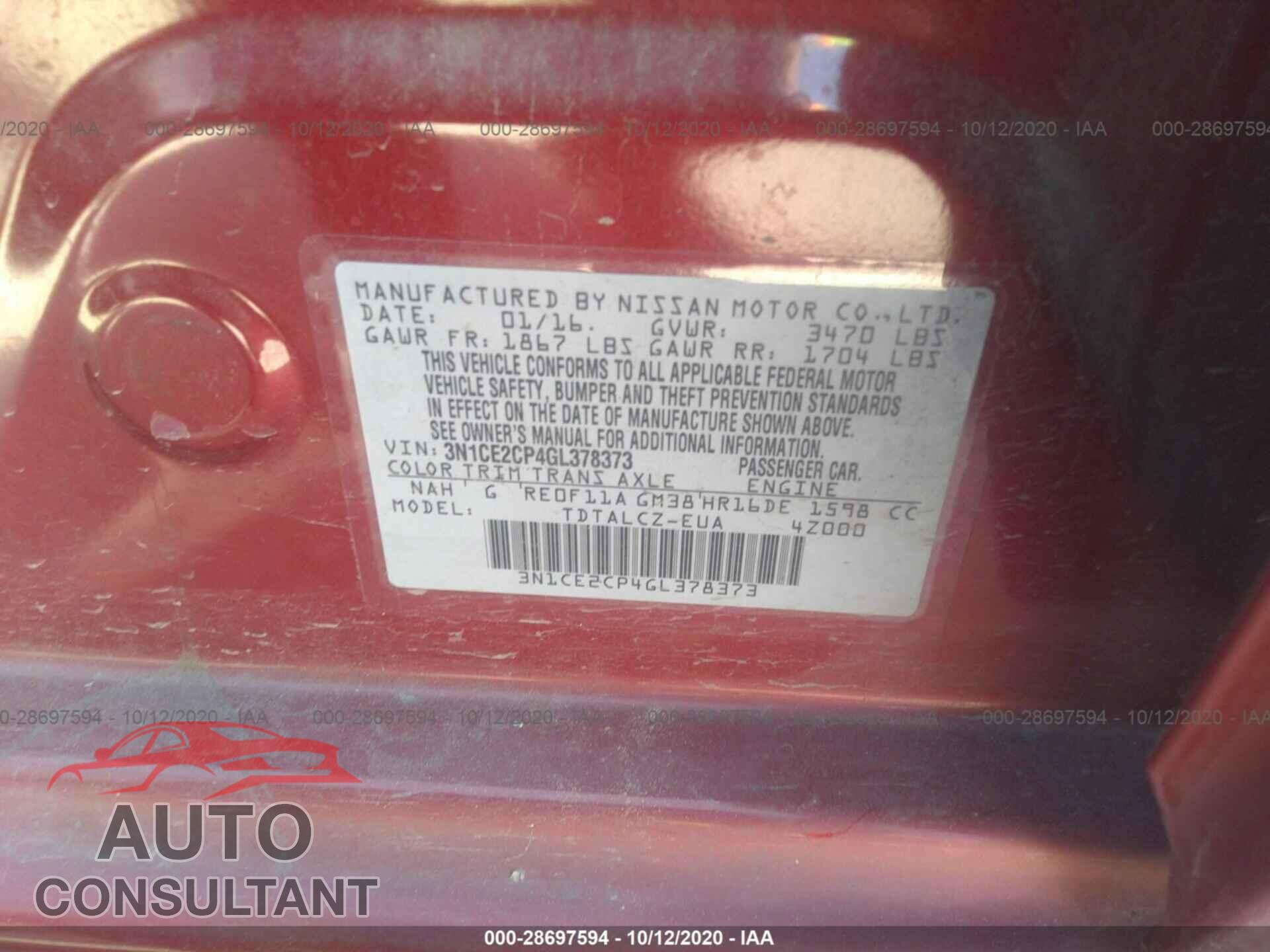 NISSAN VERSA NOTE 2016 - 3N1CE2CP4GL378373