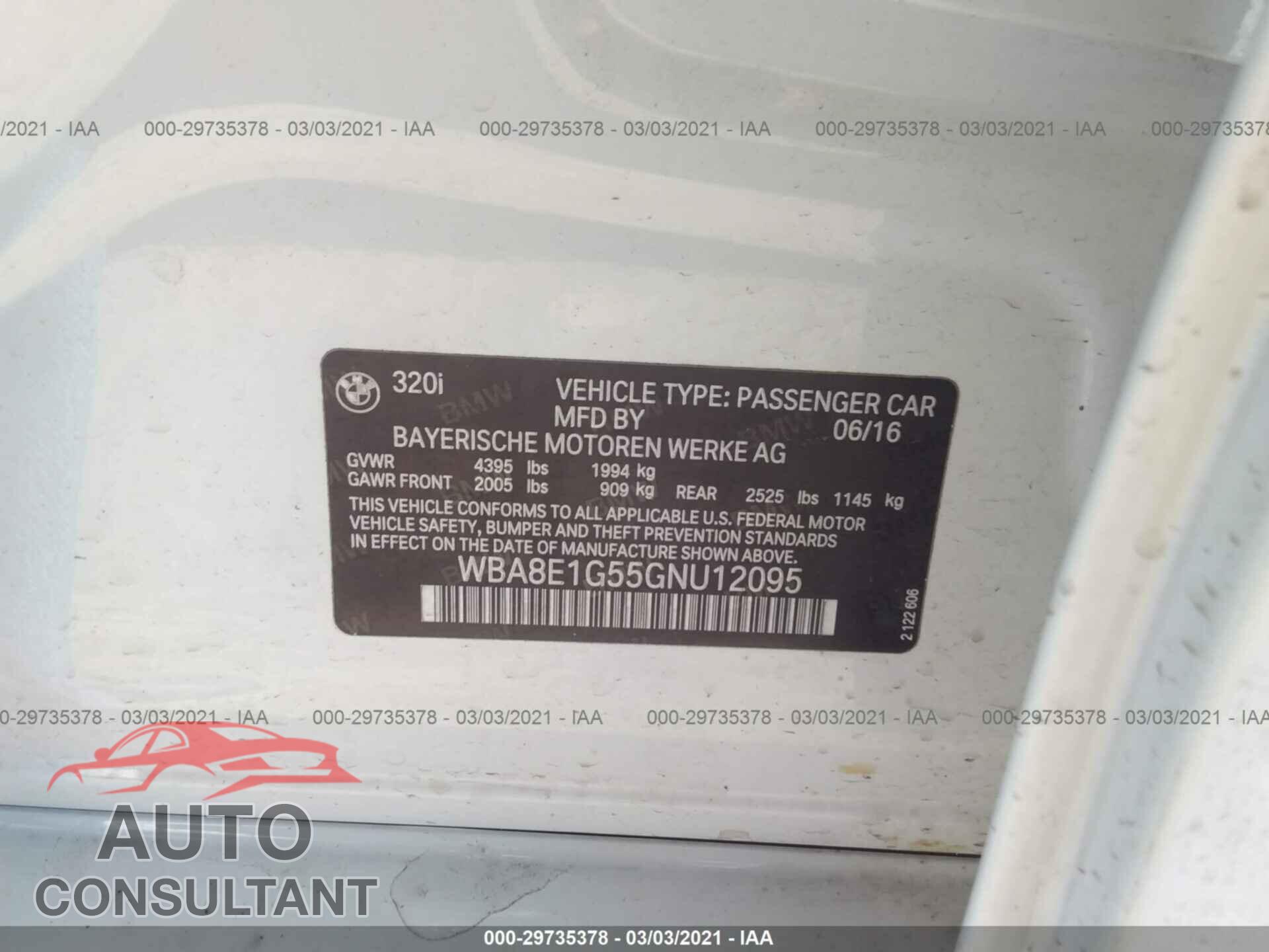 BMW 3 SERIES 2016 - WBA8E1G55GNU12095