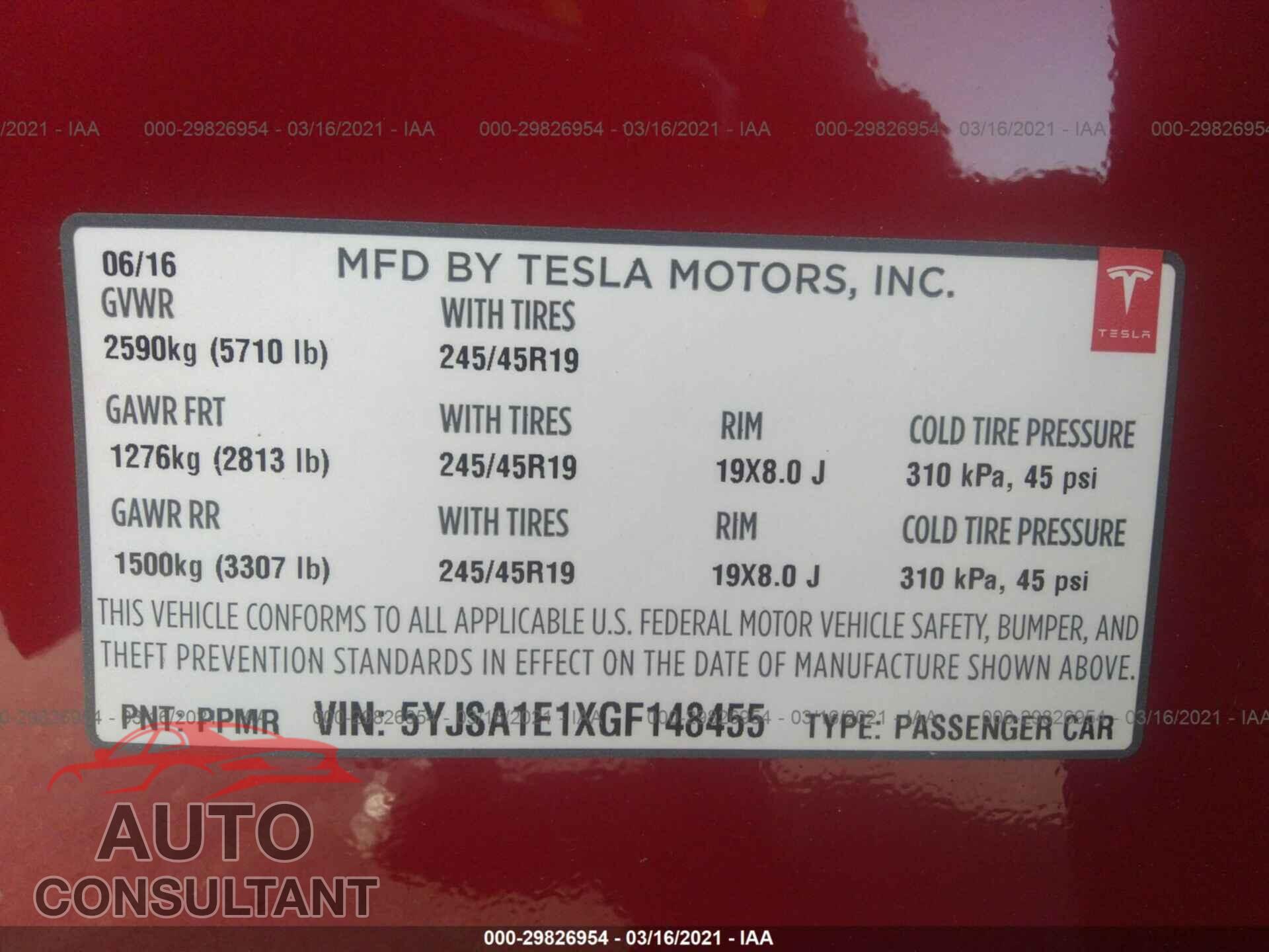TESLA MODEL S 2016 - 5YJSA1E1XGF148455