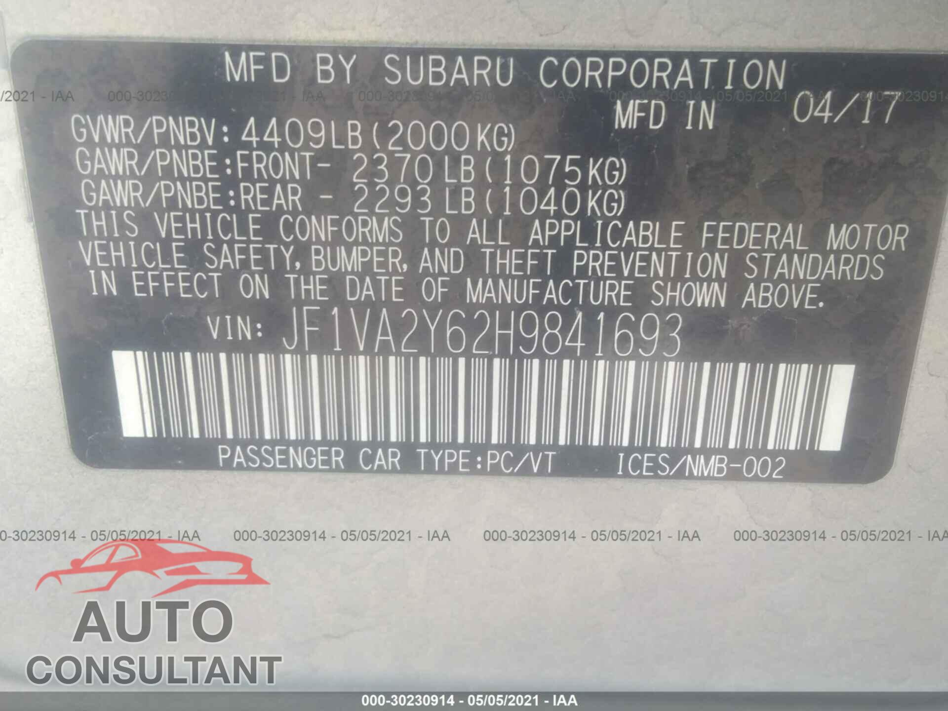 SUBARU WRX 2017 - JF1VA2Y62H9841693