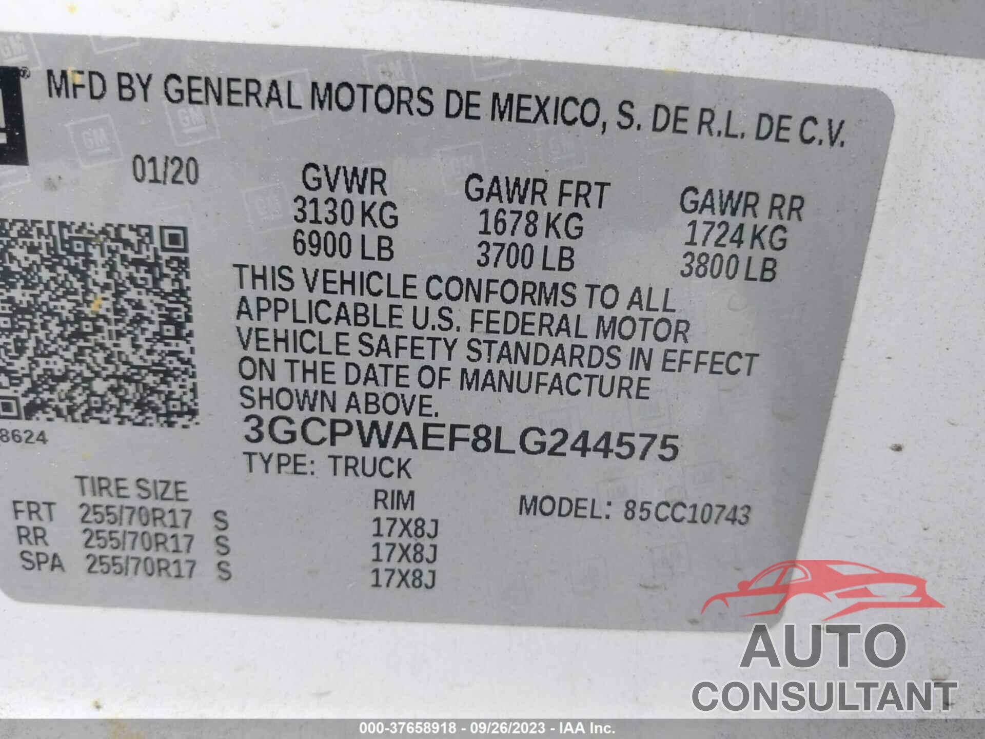 CHEVROLET SILVERADO 1500 2020 - 3GCPWAEF8LG244575