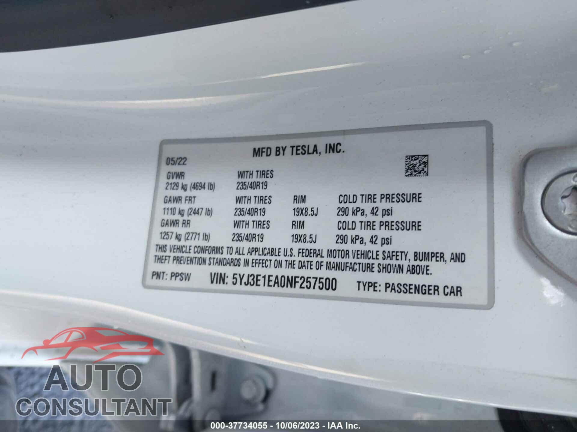 TESLA MODEL 3 2022 - 5YJ3E1EA0NF257500