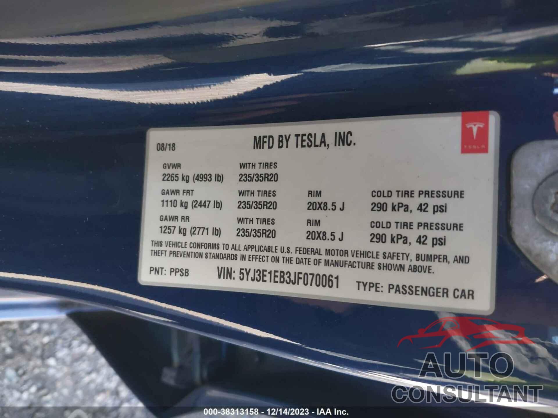 TESLA MODEL 3 2018 - 5YJ3E1EB3JF070061