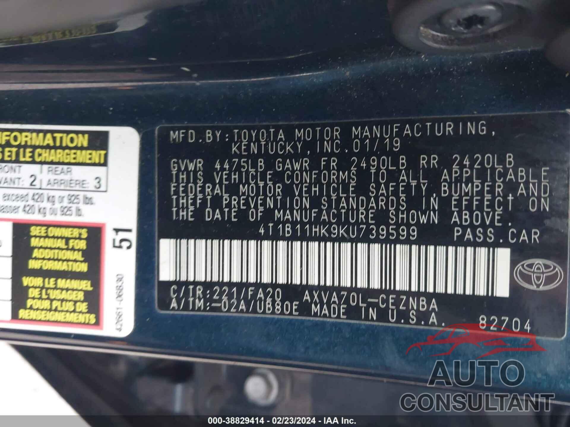 TOYOTA CAMRY 2019 - 4T1B11HK9KU739599