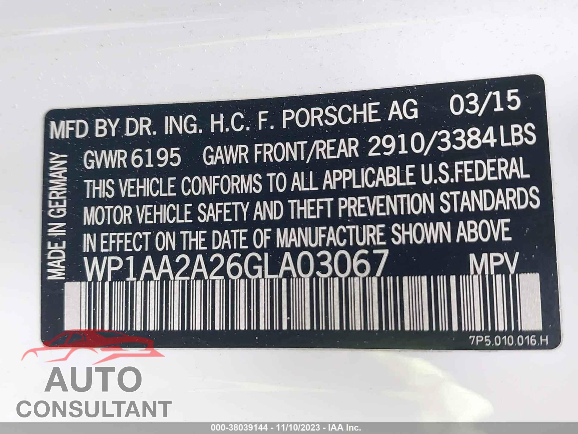 PORSCHE CAYENNE 2016 - WP1AA2A26GLA03067