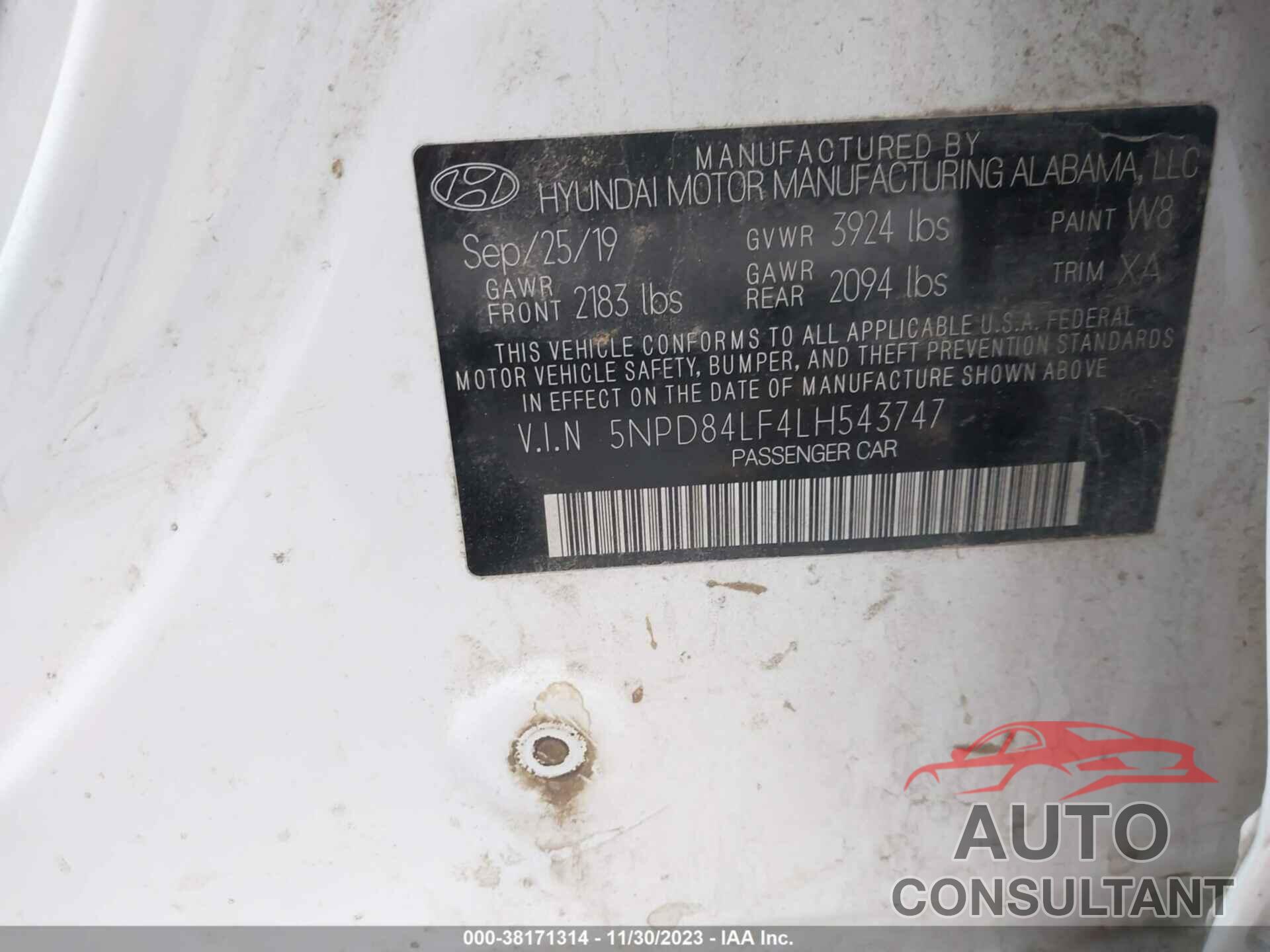 HYUNDAI ELANTRA 2020 - 5NPD84LF4LH543747