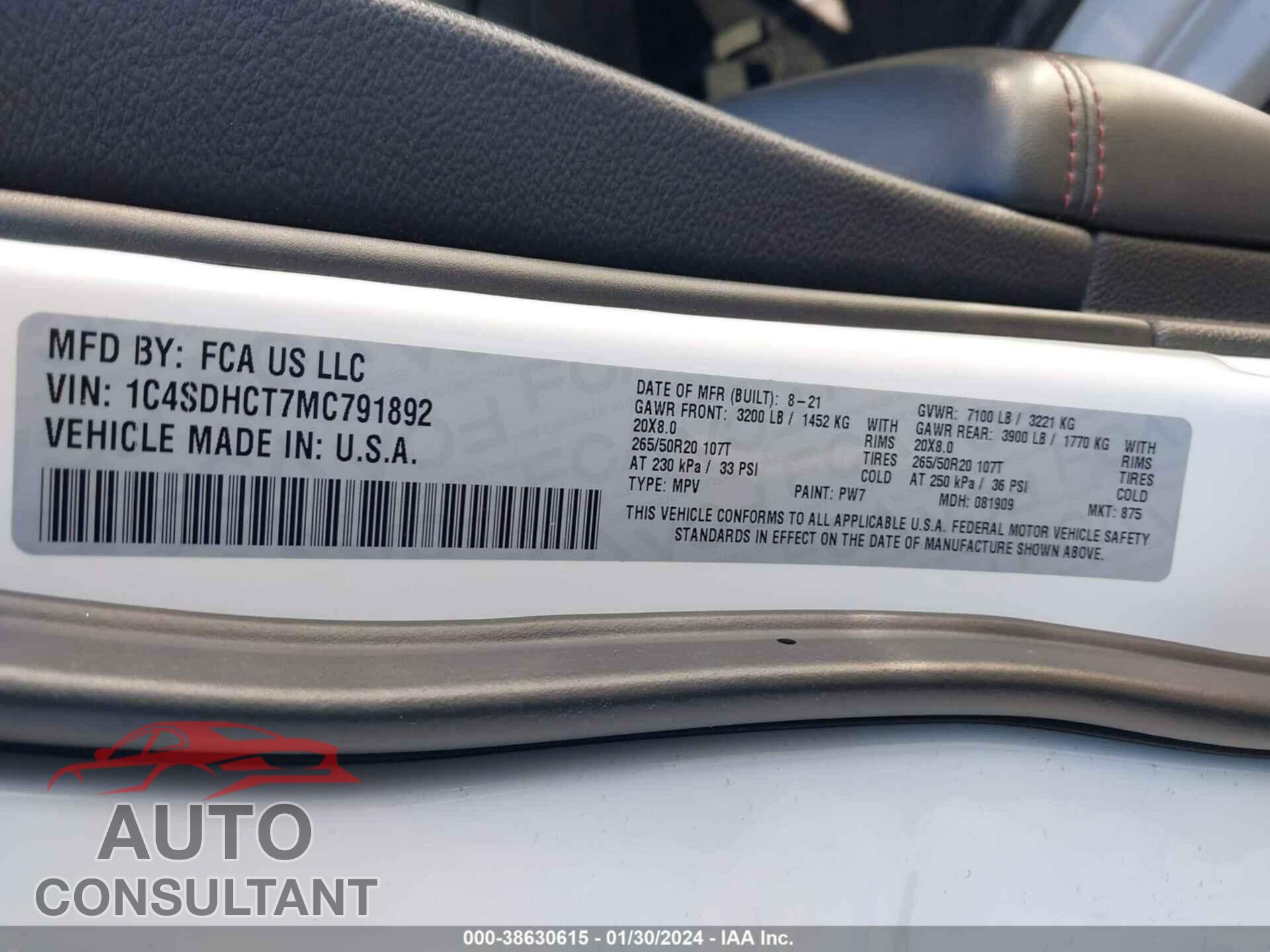 DODGE DURANGO 2021 - 1C4SDHCT7MC791892