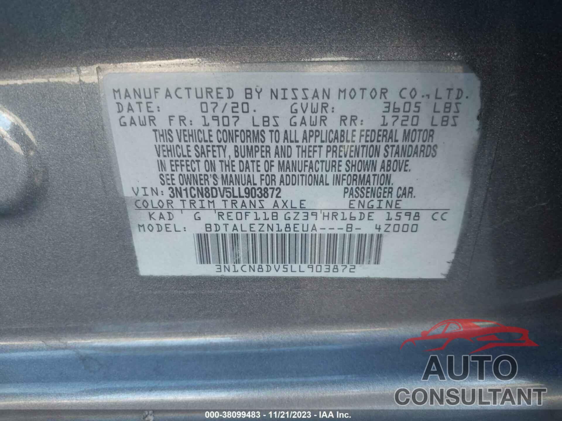 NISSAN VERSA 2020 - 3N1CN8DV5LL903872