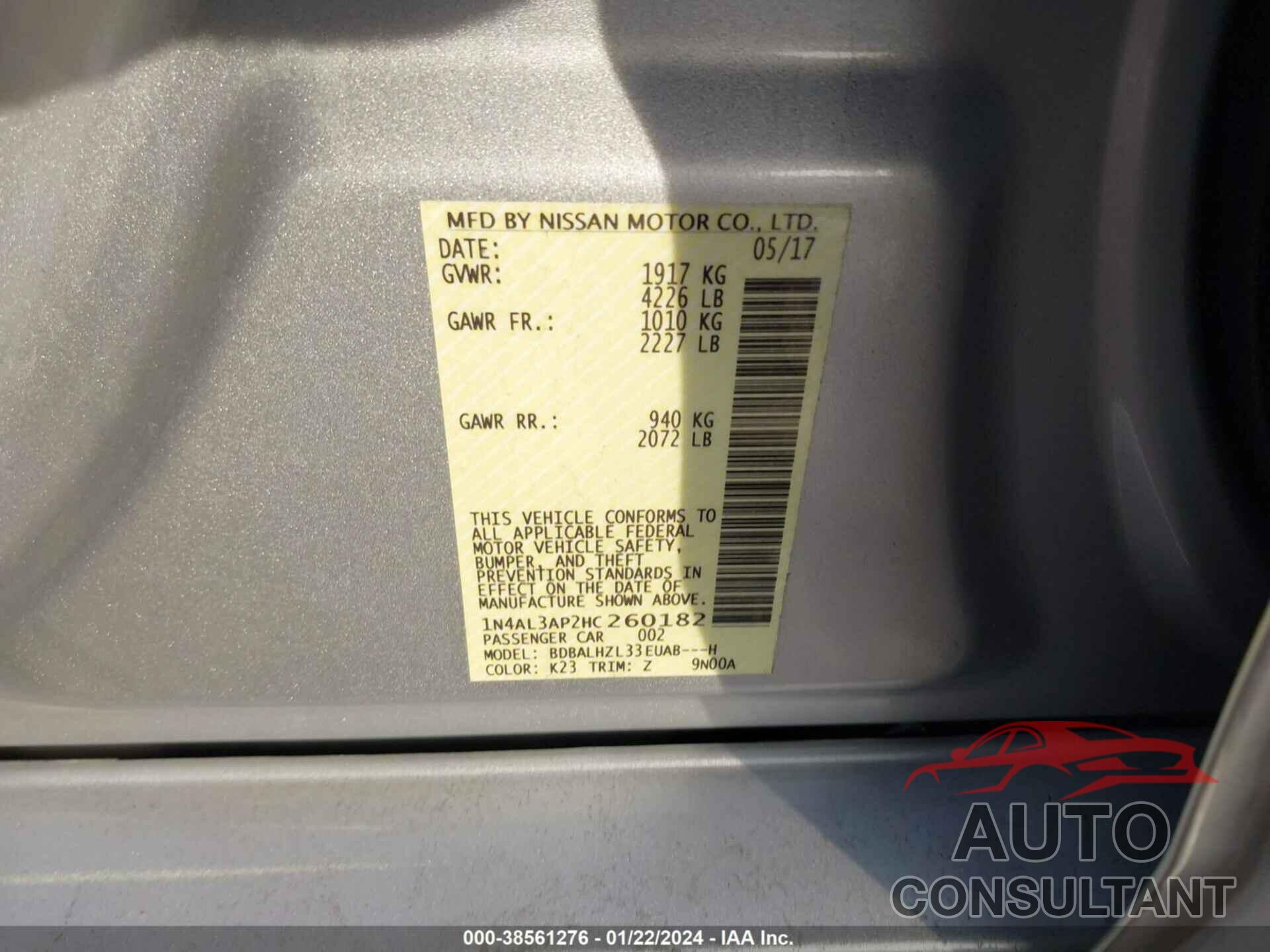 NISSAN ALTIMA 2017 - 1N4AL3AP2HC260182