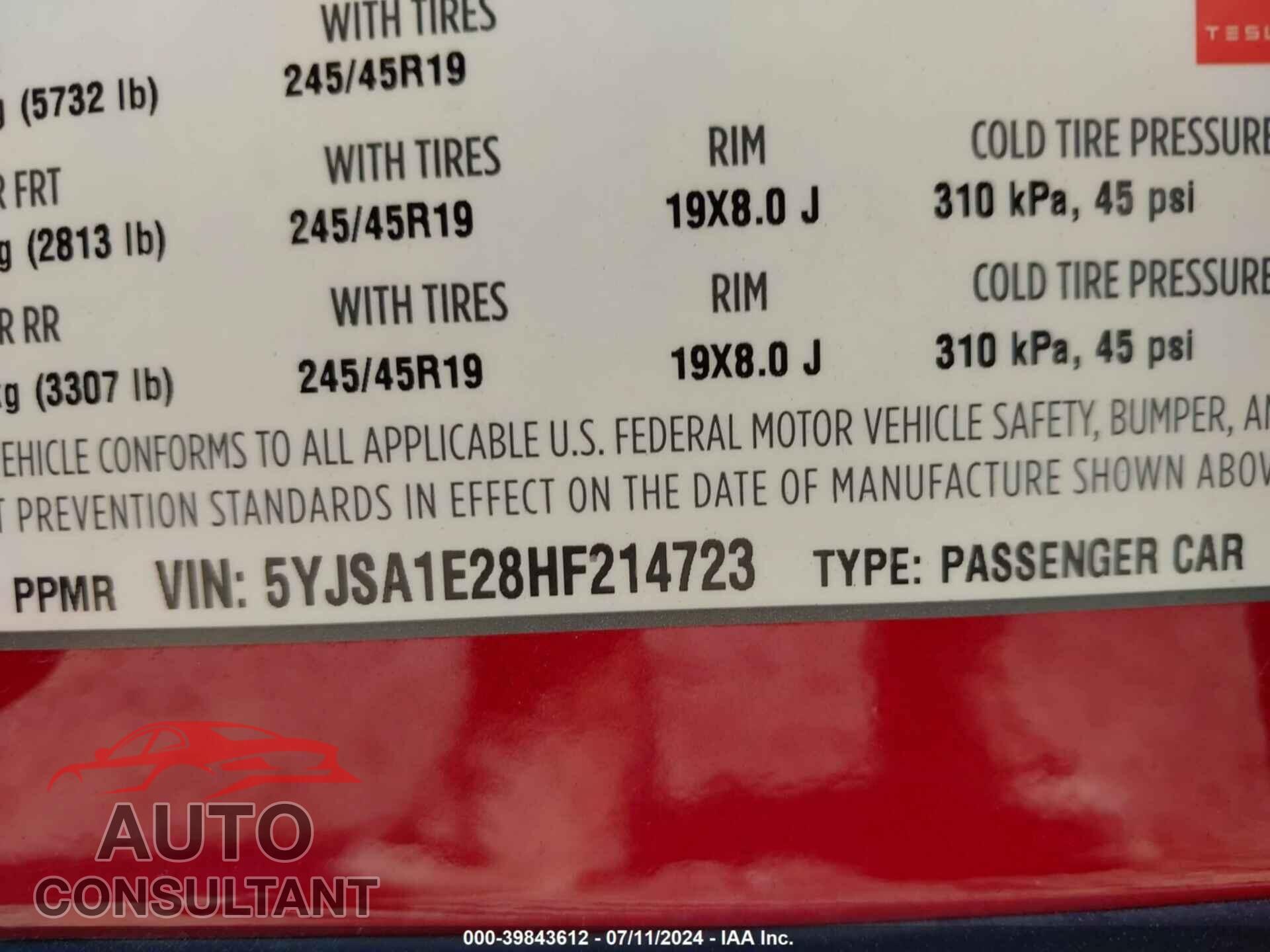 TESLA MODEL S 2017 - 5YJSA1E28HF214723