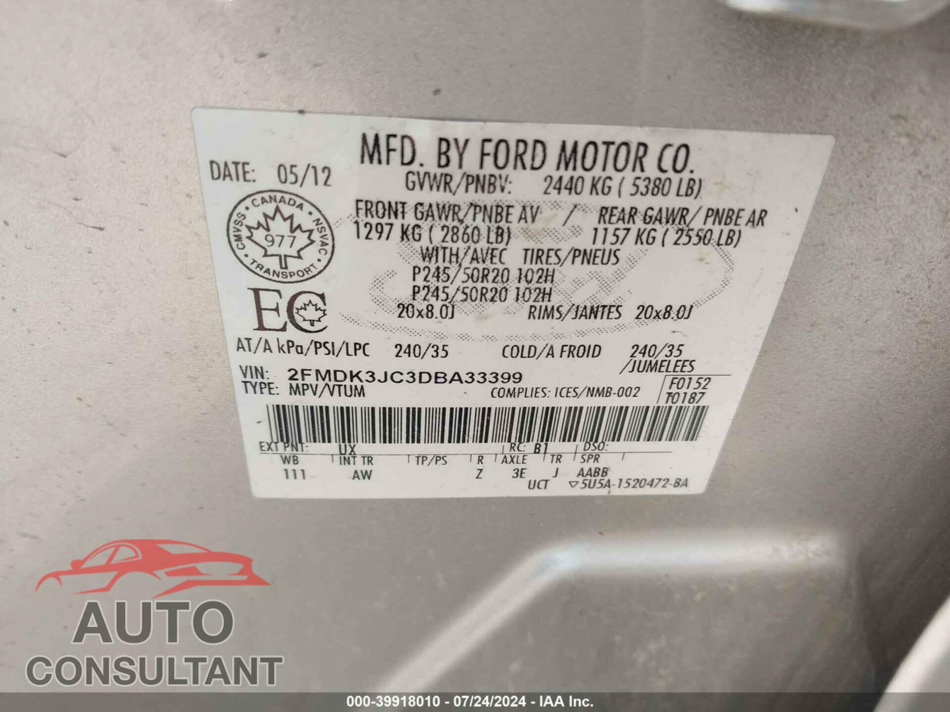 FORD EDGE 2013 - 2FMDK3JC3DBA33399