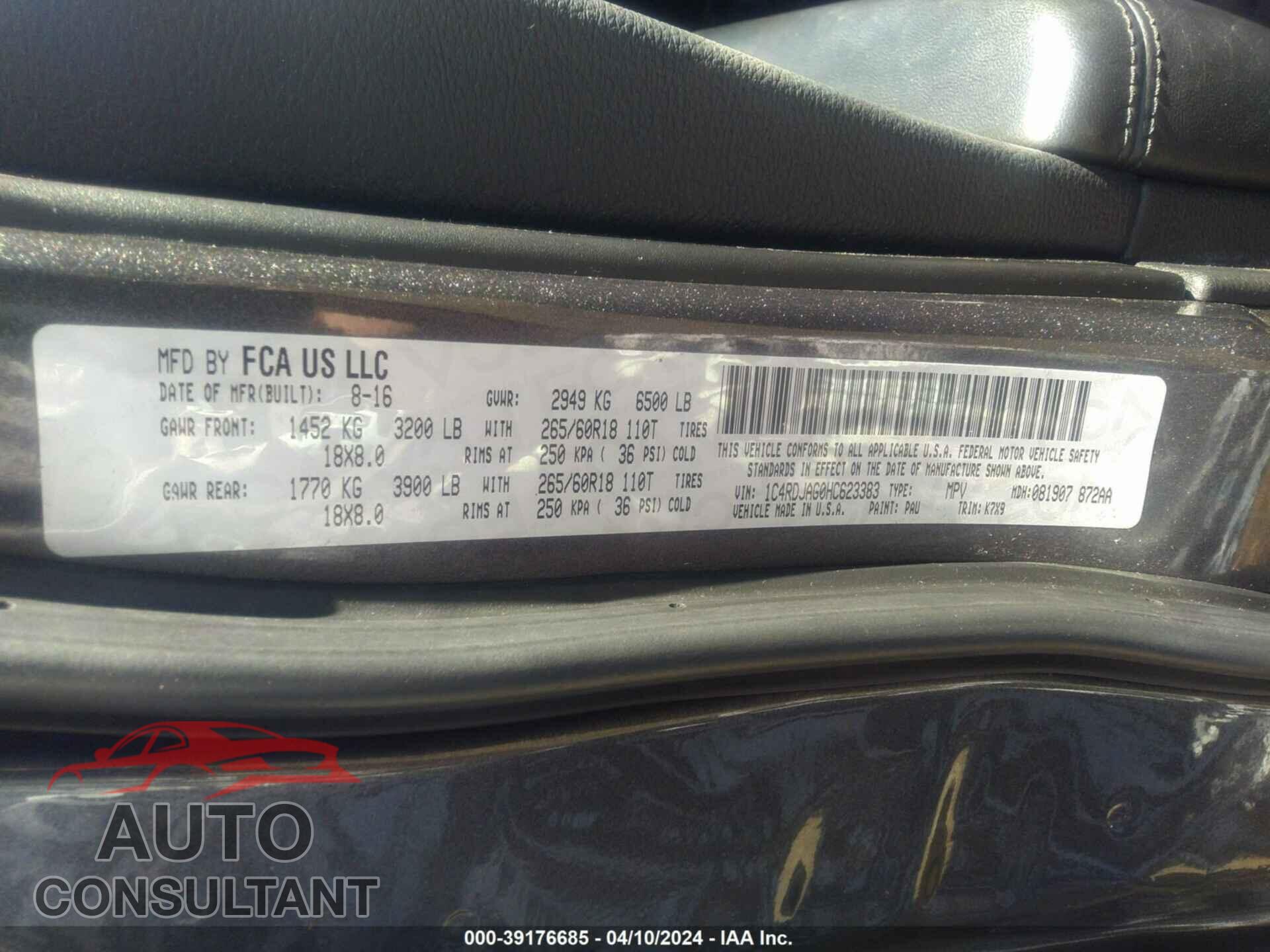 DODGE DURANGO 2017 - 1C4RDJAG0HC623383